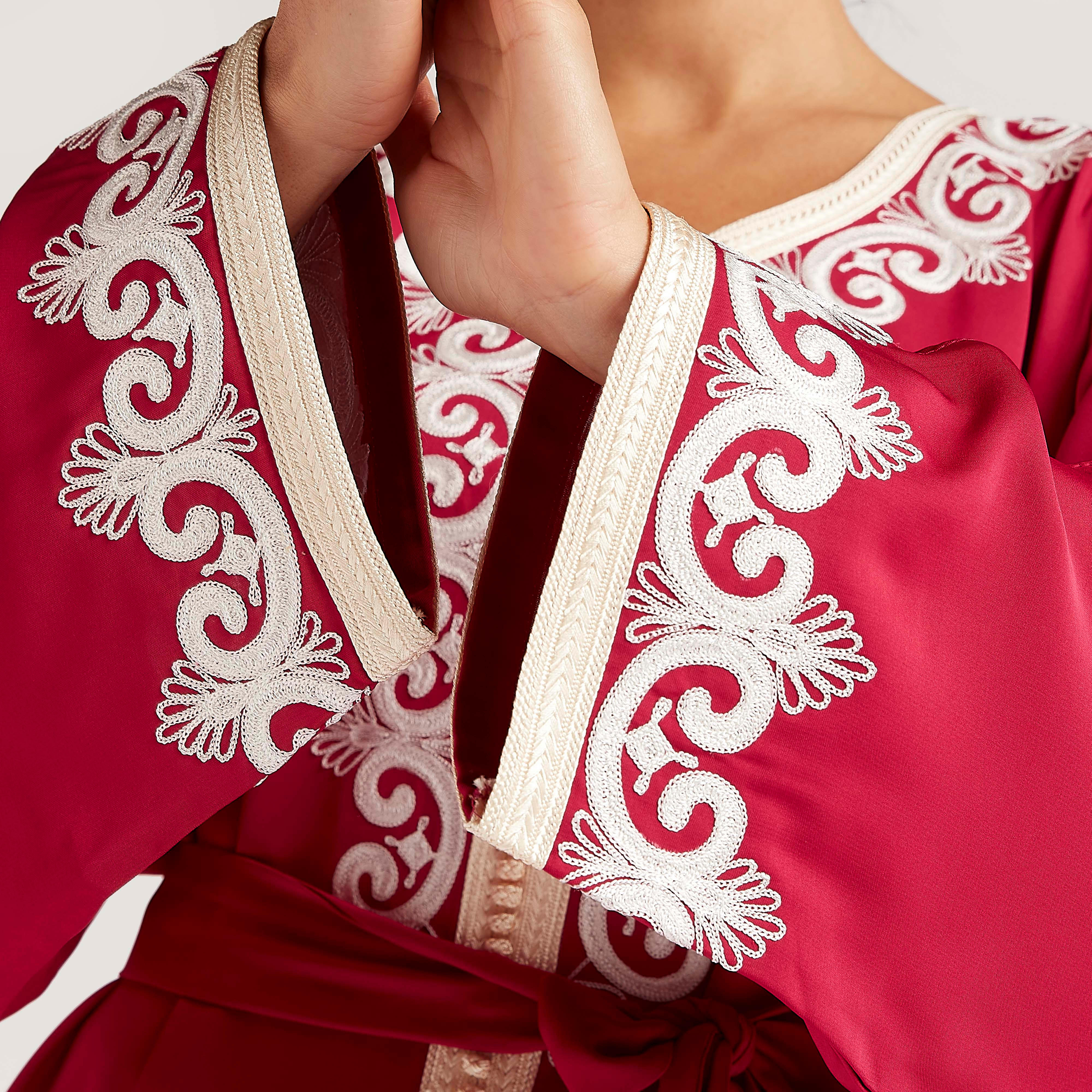 Abayas Embroidered A-line Belted Abaya with V-neck-women-arabicclothing-abayas-image-10