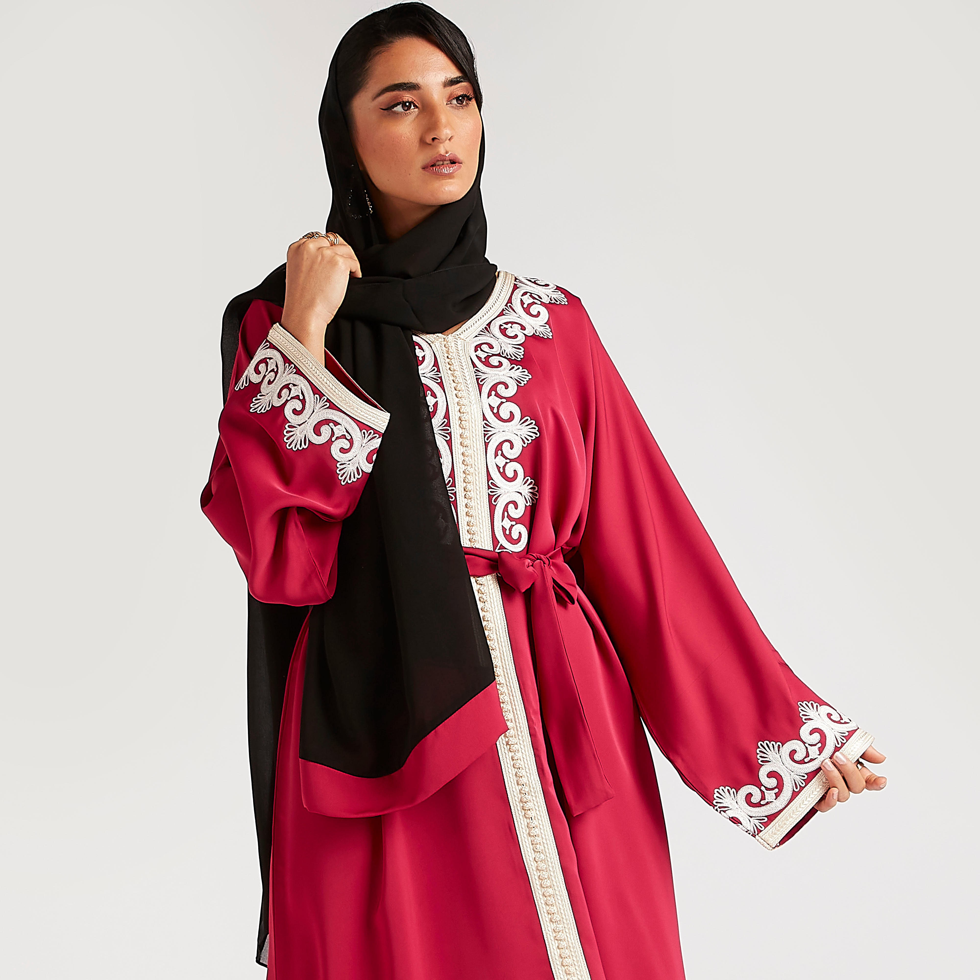 Abayas Embroidered A-line Belted Abaya with V-neck-women-arabicclothing-abayas-image-2
