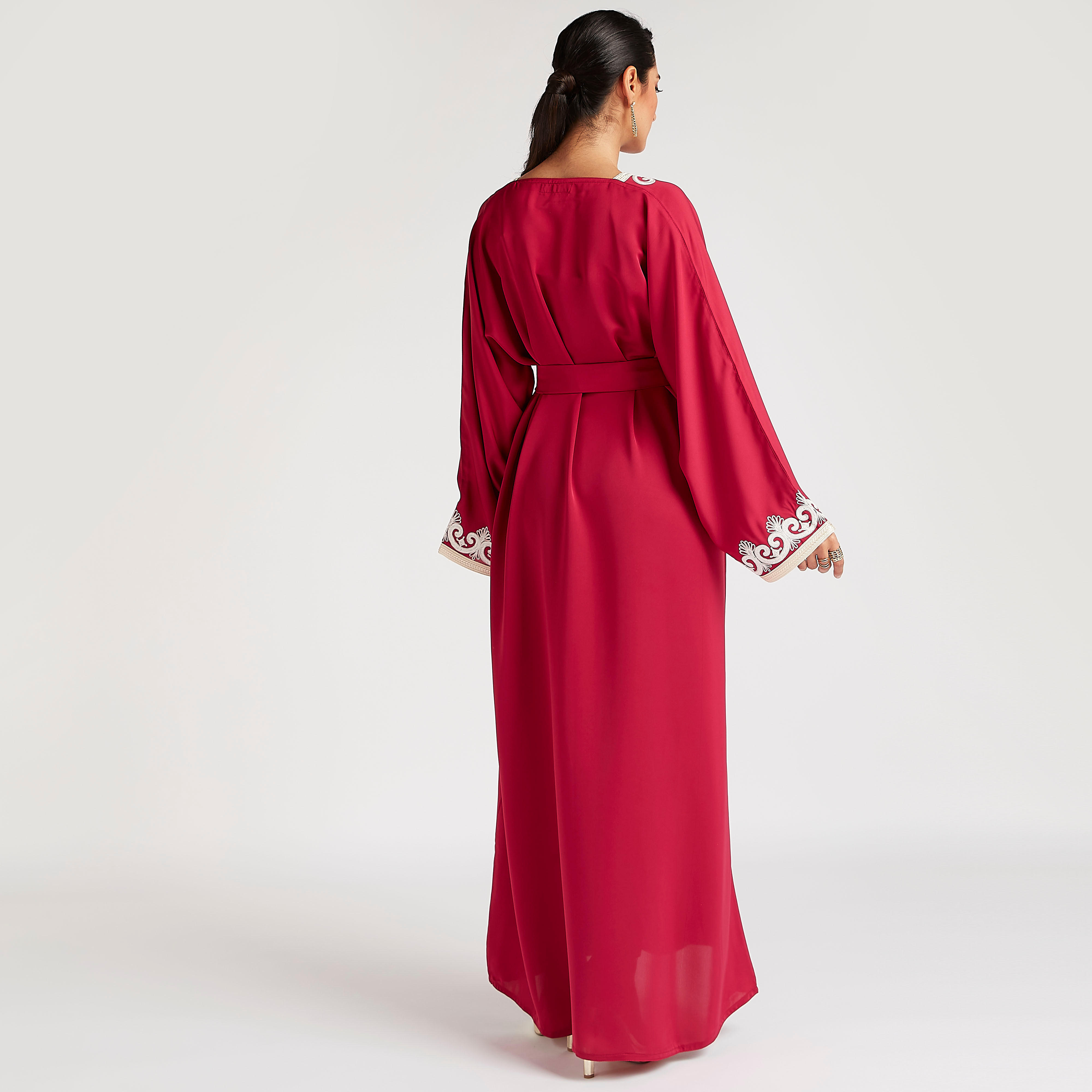 Abayas Embroidered A-line Belted Abaya with V-neck-women-arabicclothing-abayas-image-5