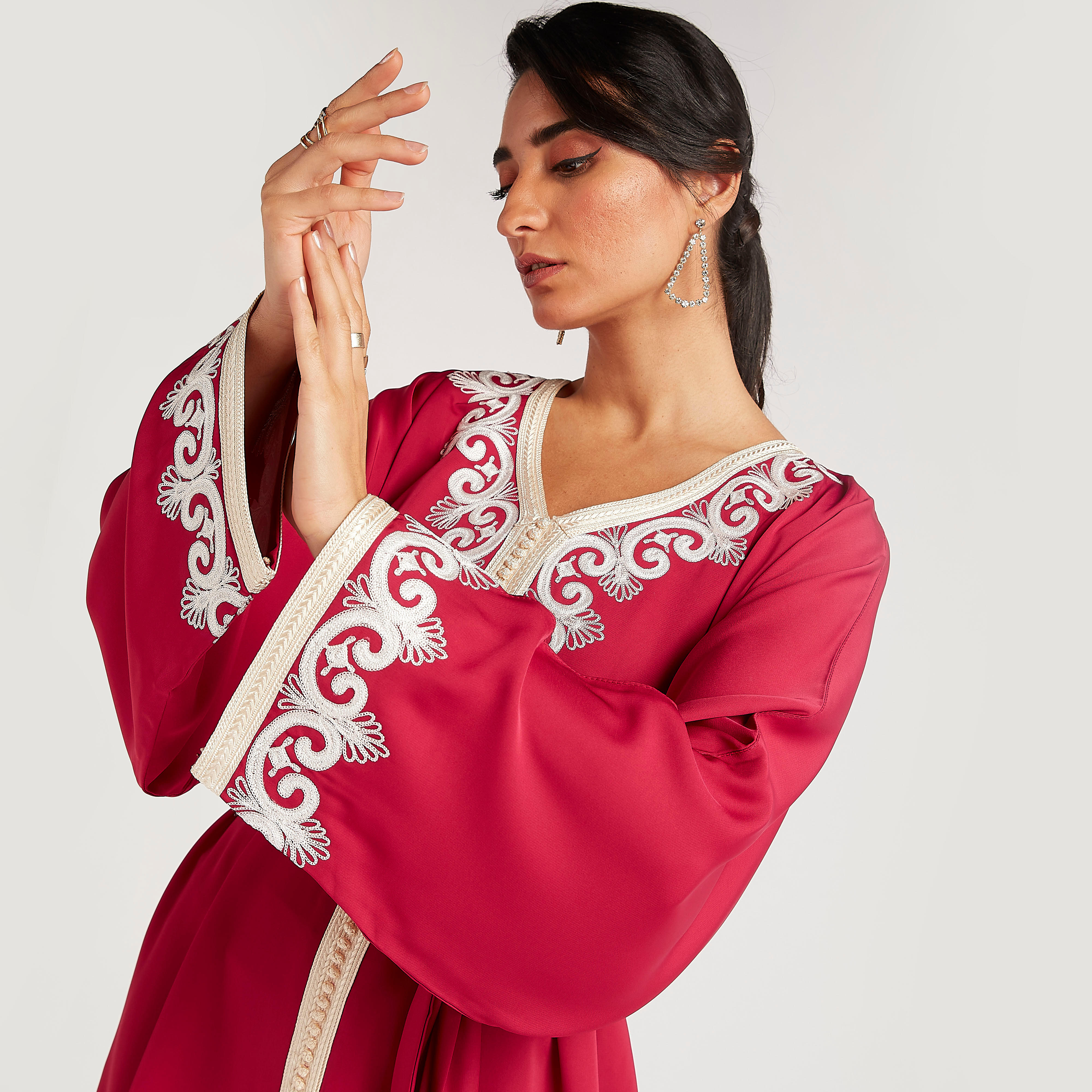 Abayas Embroidered A-line Belted Abaya with V-neck-women-arabicclothing-abayas-image-6