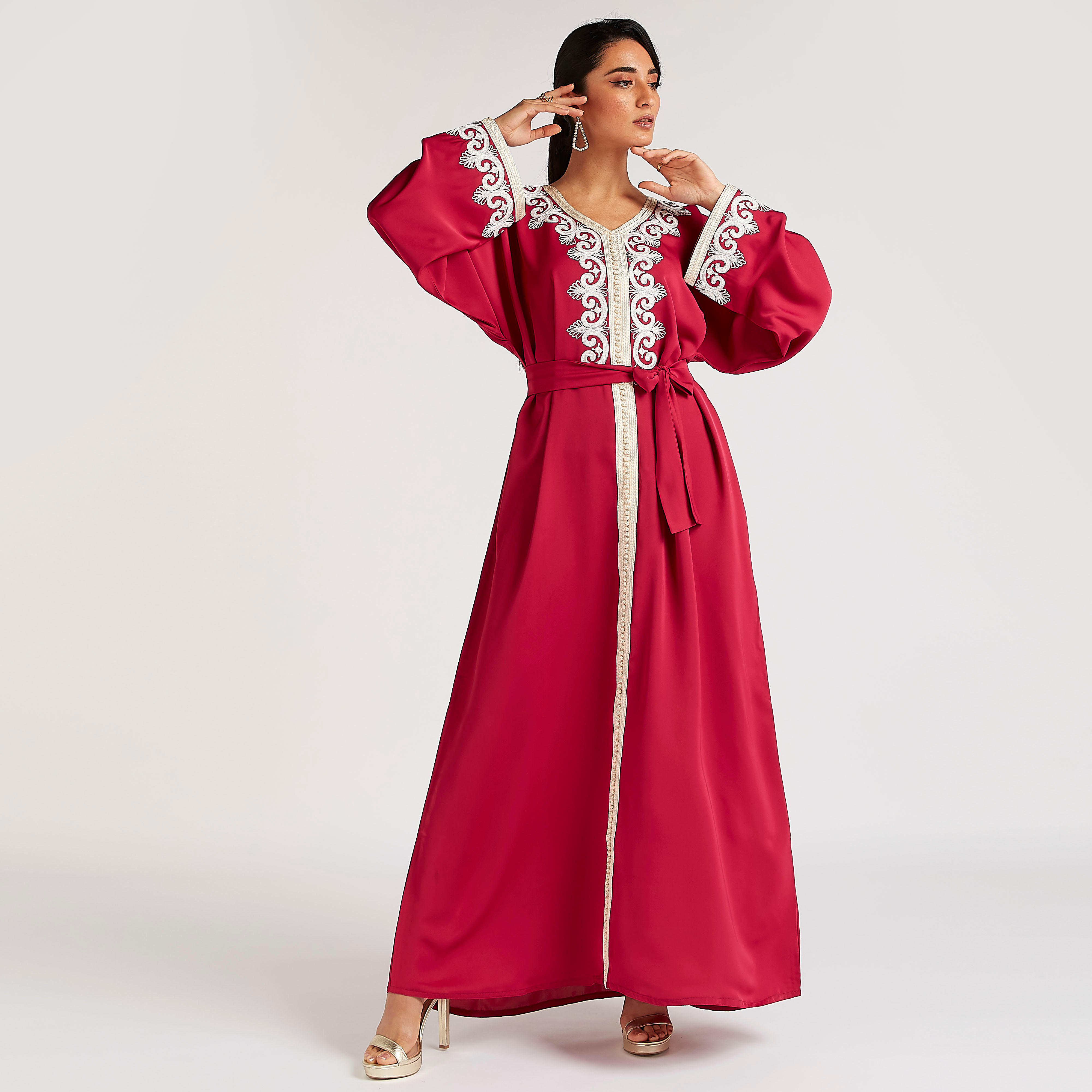 Abayas Embroidered A-line Belted Abaya with V-neck-women-arabicclothing-abayas-image-7