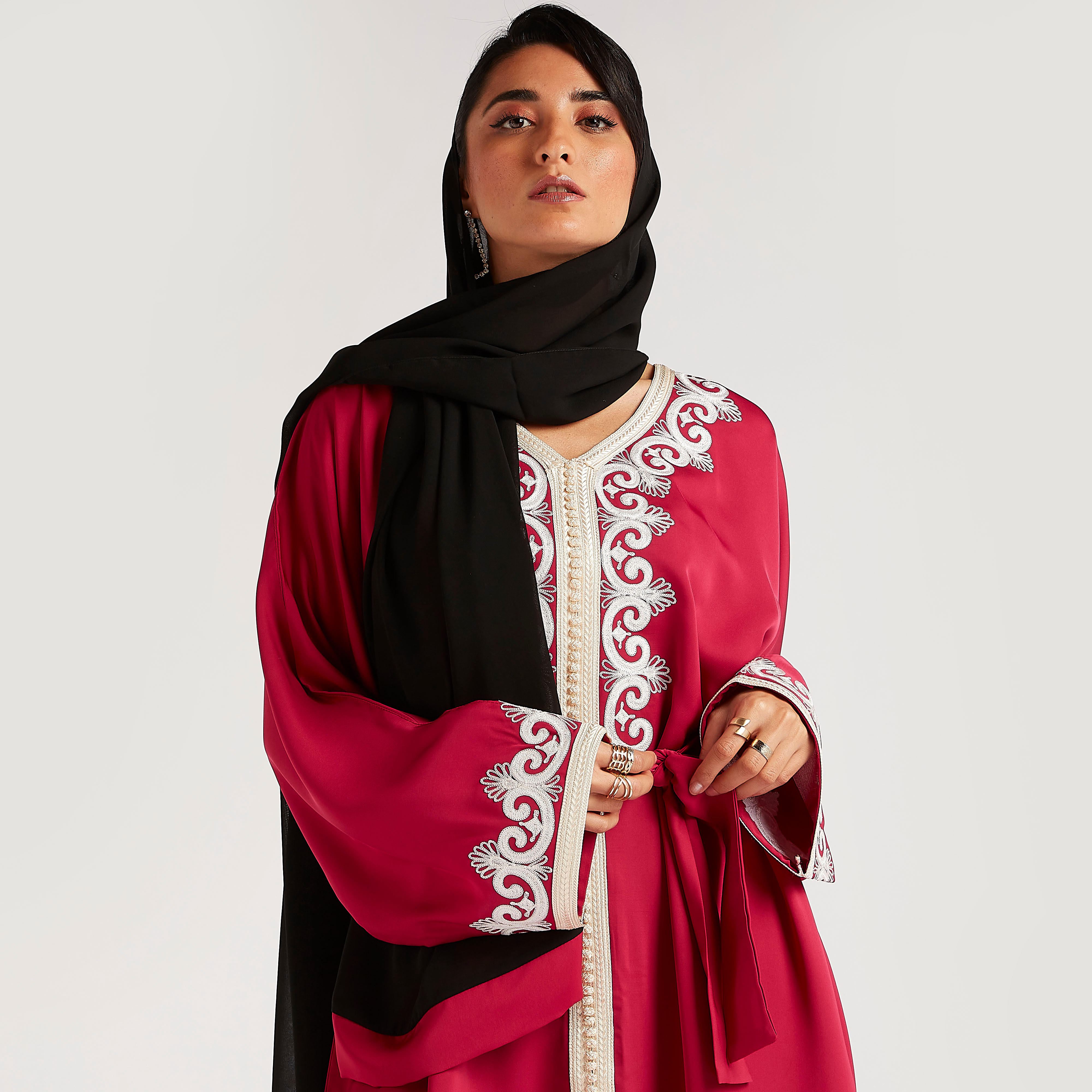 Abayas Embroidered A-line Belted Abaya with V-neck-women-arabicclothing-abayas-image-8