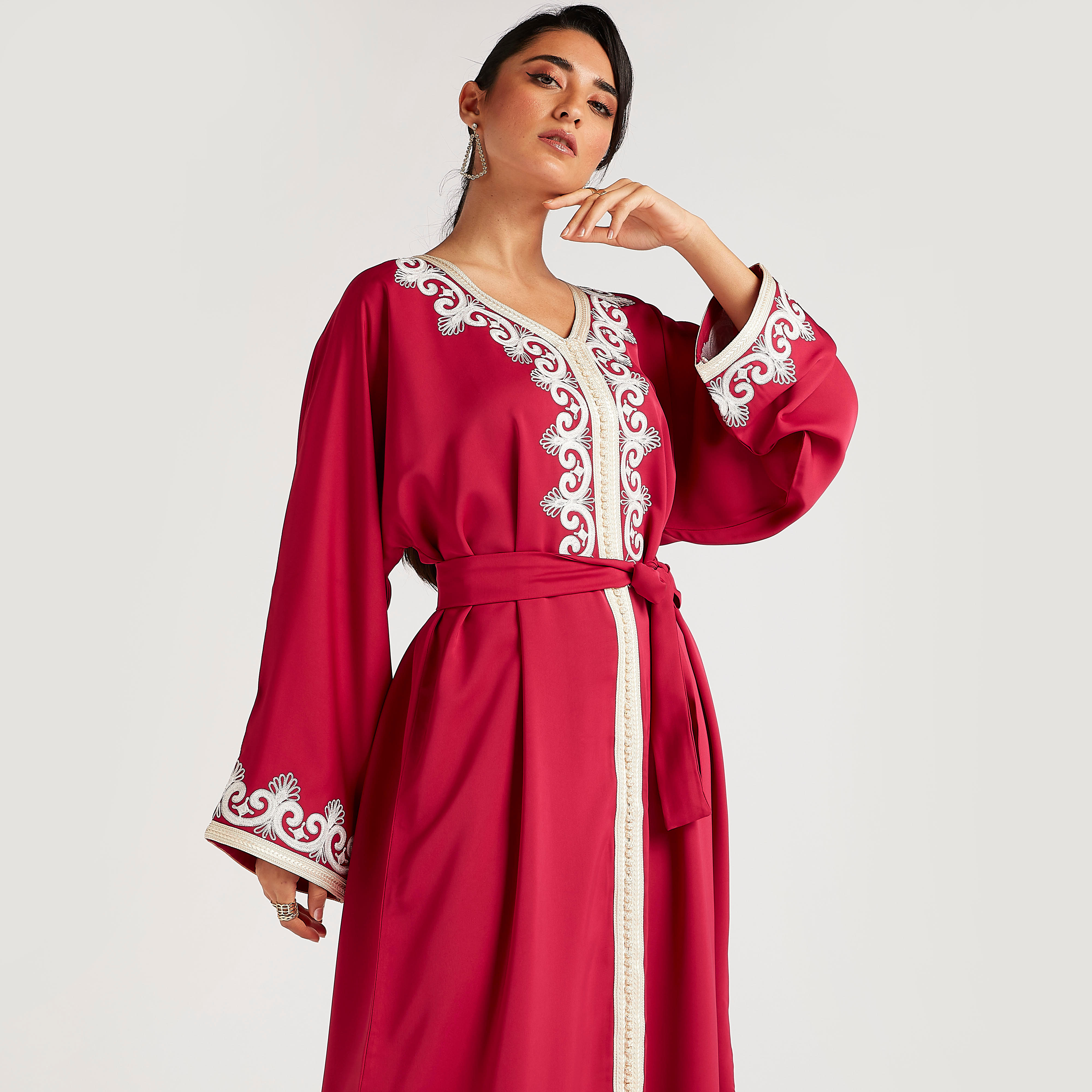 Abayas Embroidered A-line Belted Abaya with V-neck-women-arabicclothing-abayas-image-9