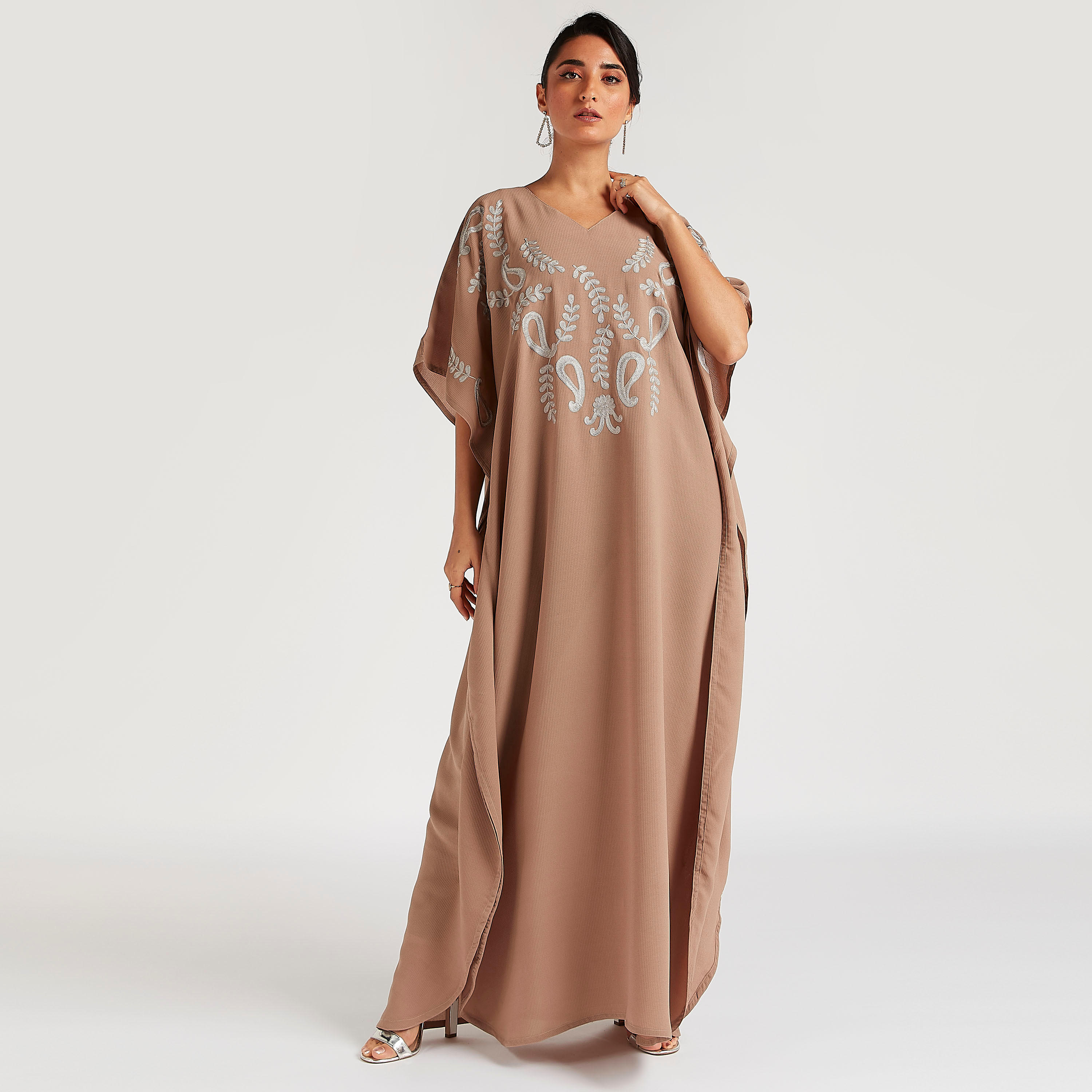 Abayas Embroidered A-line Abaya with V-neck-women-arabicclothing-abayas-image-1