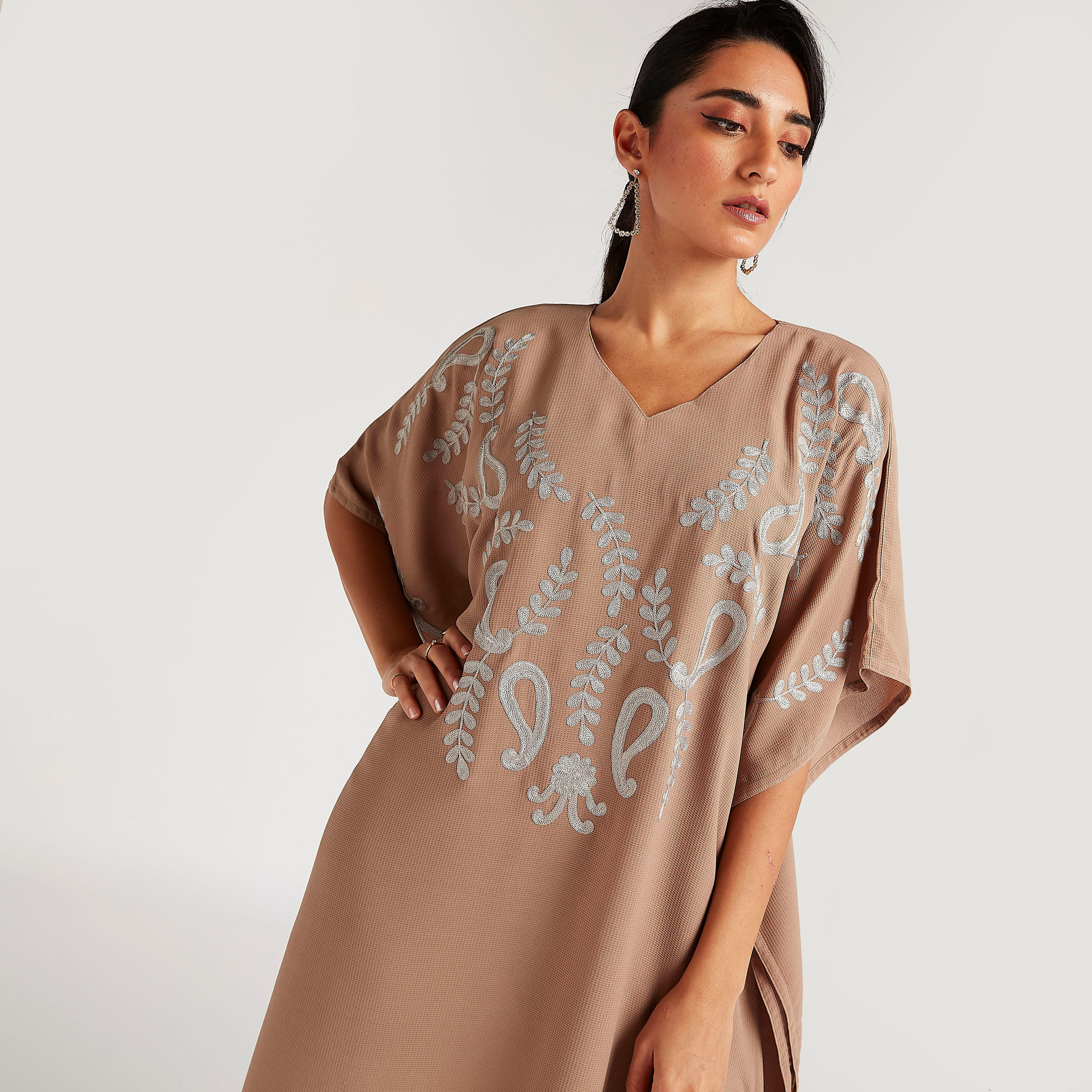 Abayas Embroidered A-line Abaya with V-neck-women-arabicclothing-abayas-image-2