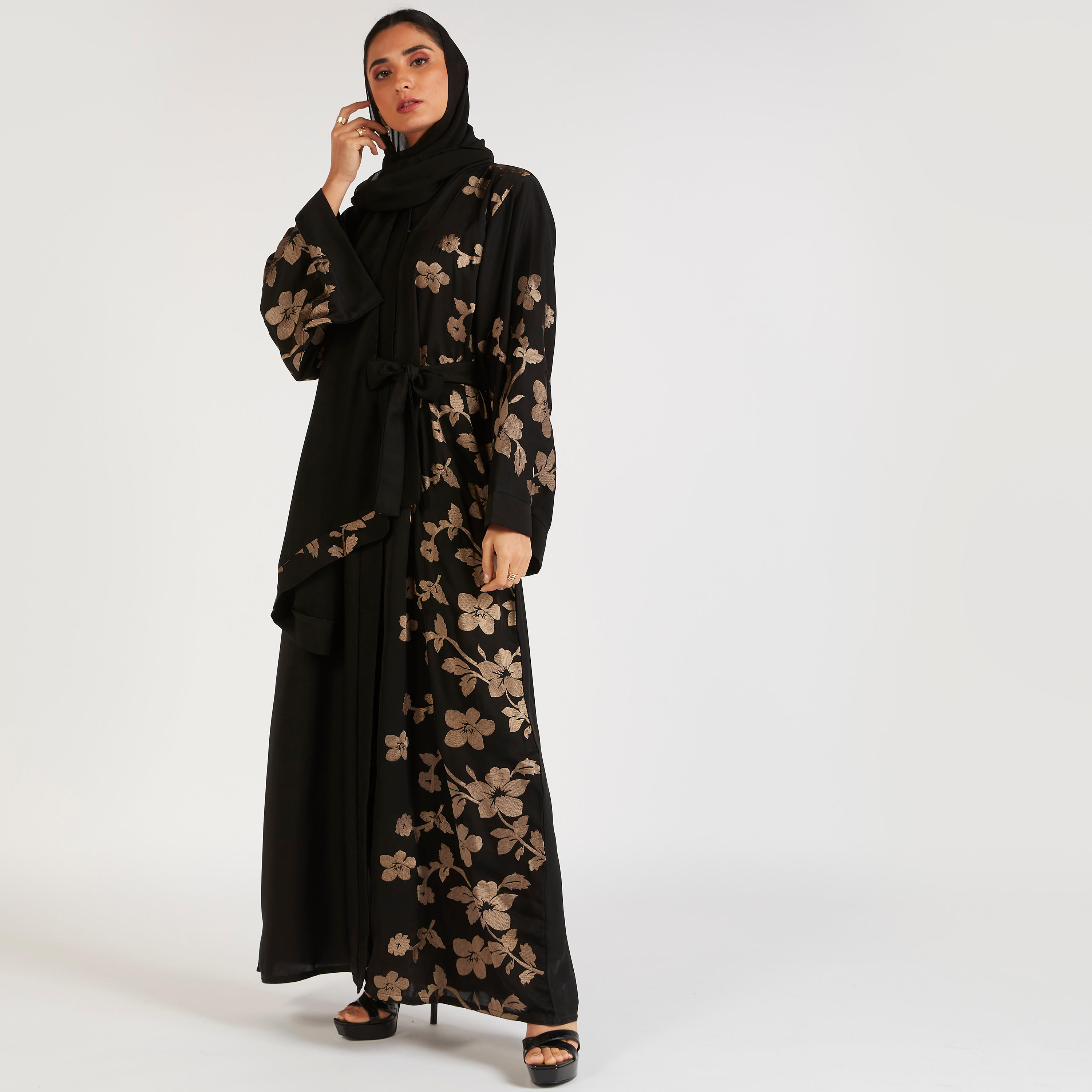 Abayas Embroidered A-line Abaya with Waist Tie-Up-women-arabicclothing-abayas-image-1