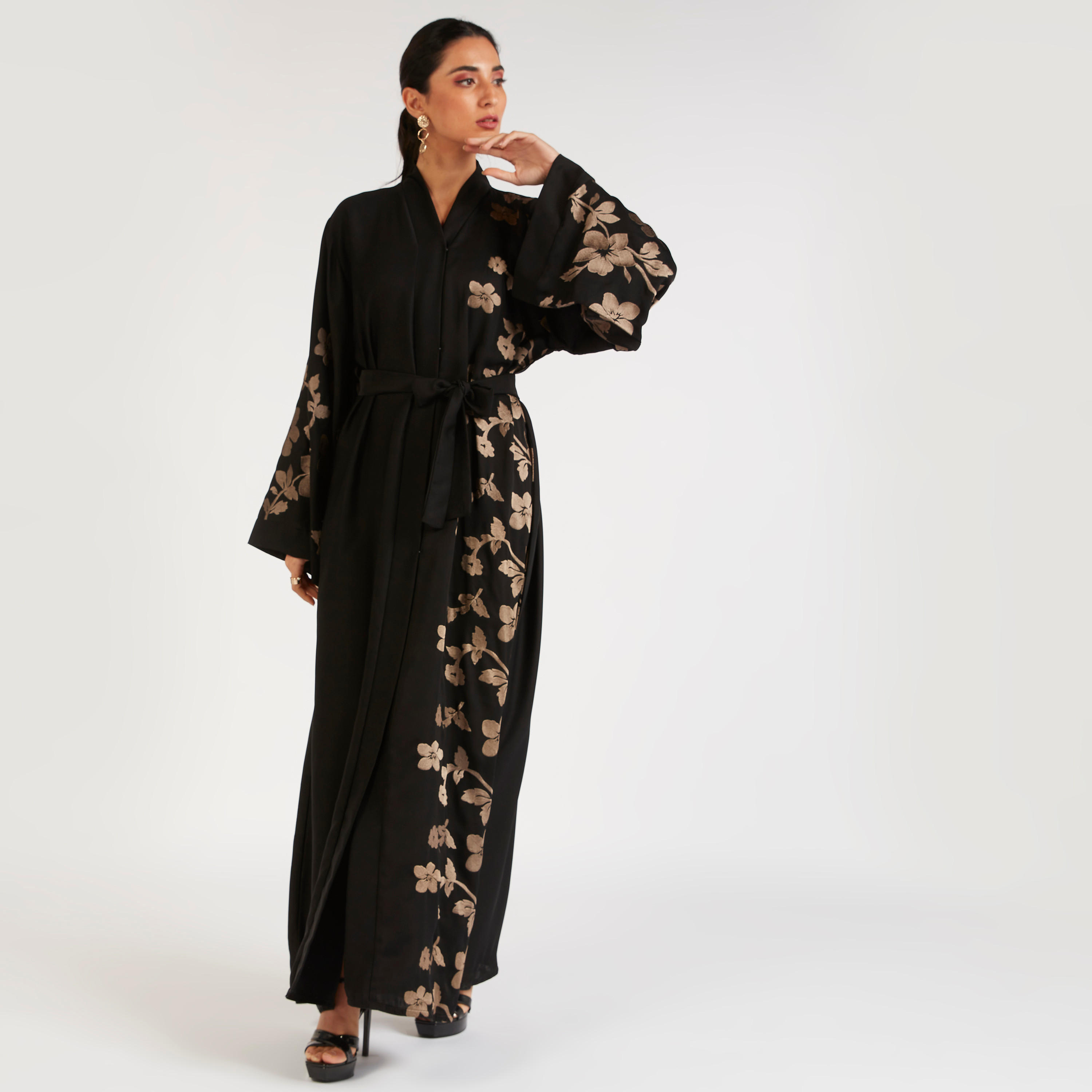 Abayas Embroidered A-line Abaya with Waist Tie-Up-women-arabicclothing-abayas-image-2