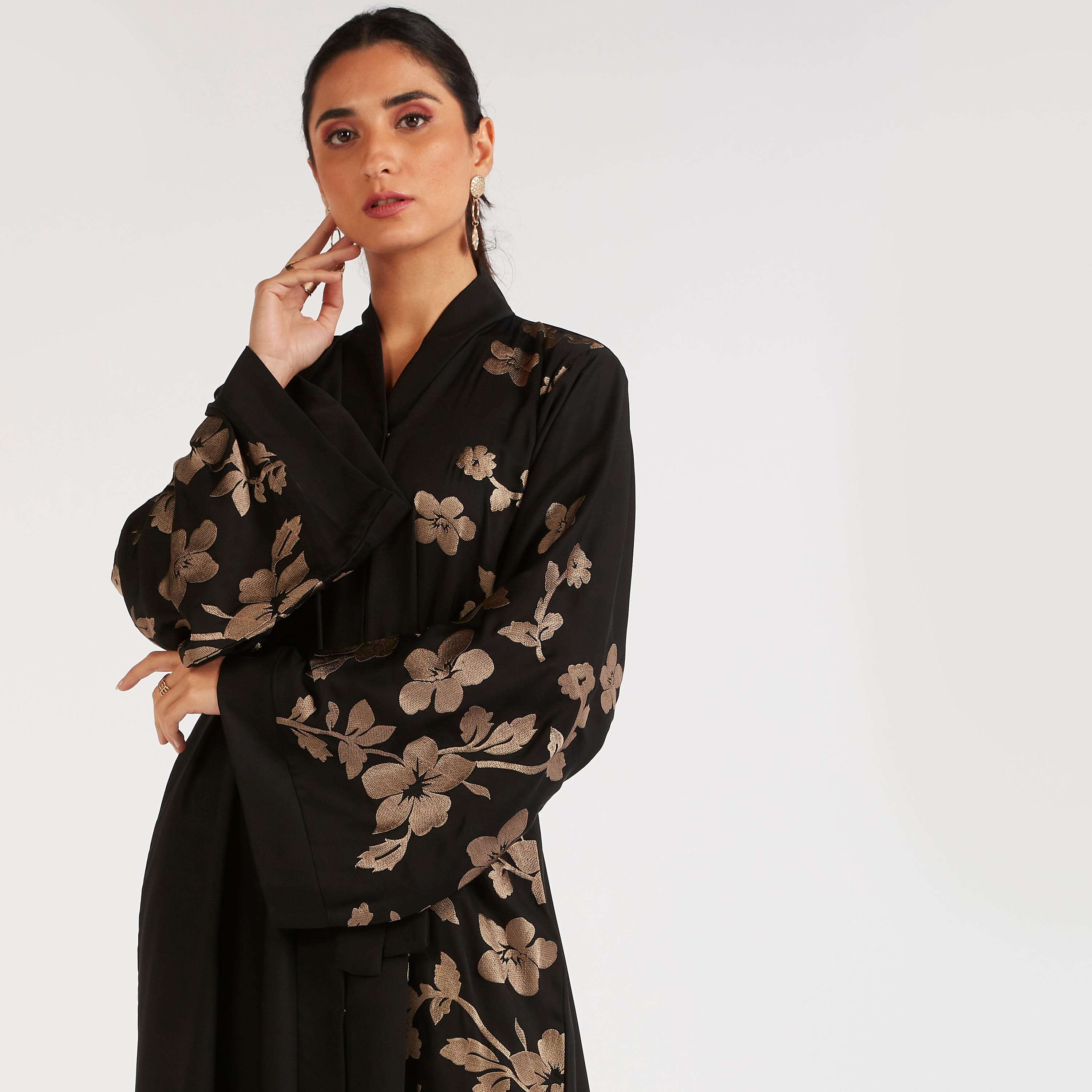 Abayas Embroidered A-line Abaya with Waist Tie-Up-women-arabicclothing-abayas-image-3