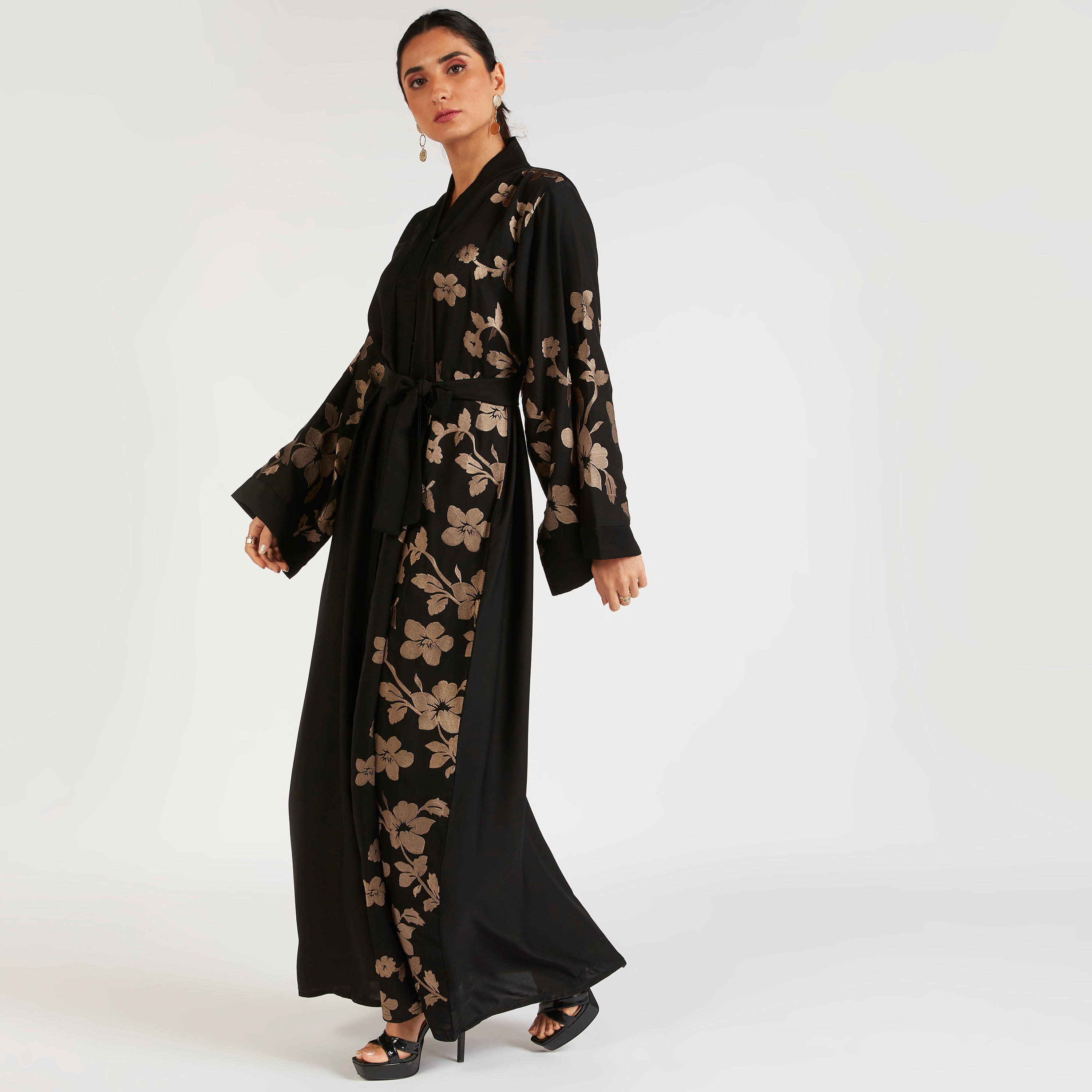 Abayas Embroidered A-line Abaya with Waist Tie-Up-women-arabicclothing-abayas-image-6