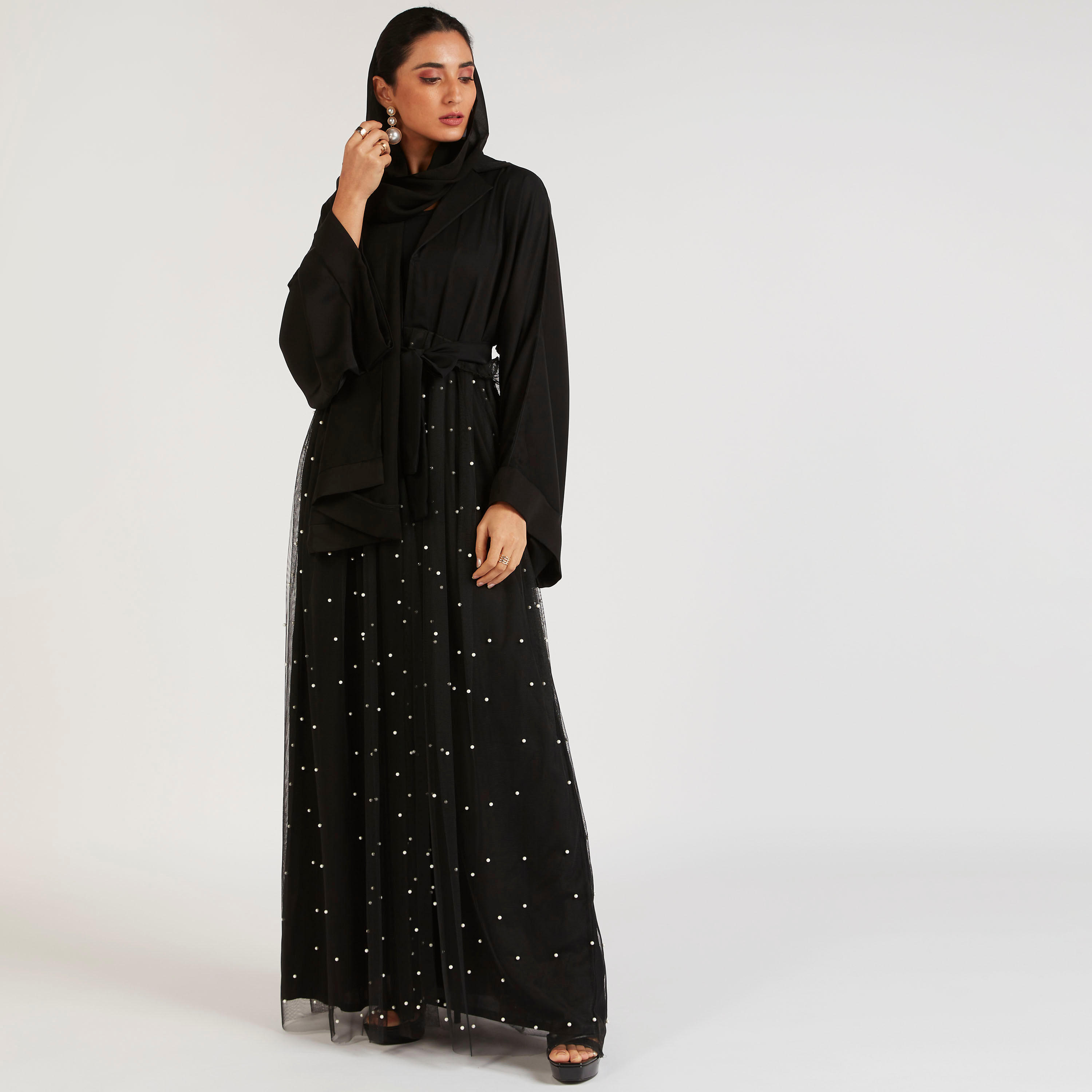 Abayas Embroidered A-line Belted Abaya with Embellishment-women-arabicclothing-abayas-image-1