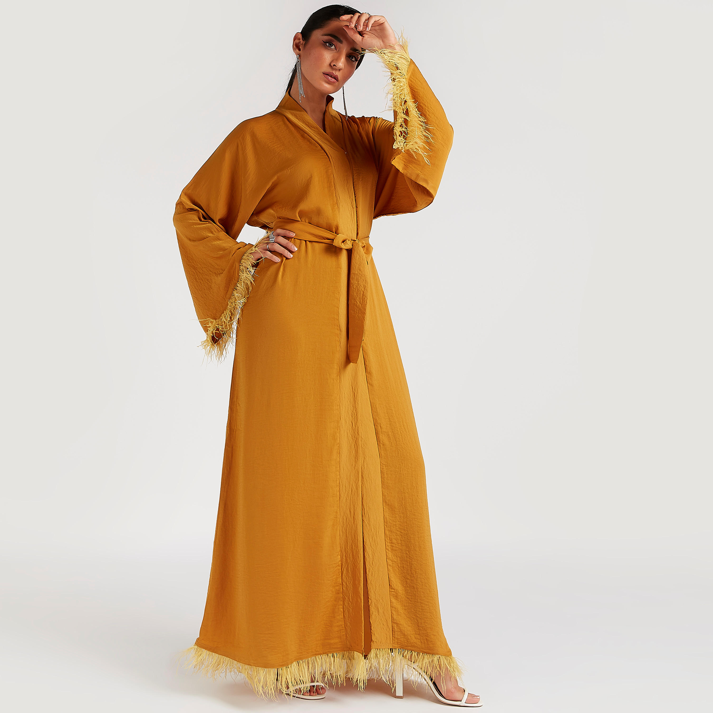 Solid V-neck Abaya with Long Sleeves and Fringes-women-arabicclothing-abayas-image-1