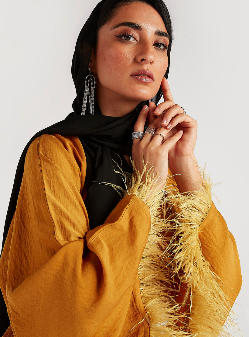 Solid V-neck Abaya with Long Sleeves and Fringes-women-arabicclothing-abayas-image-2