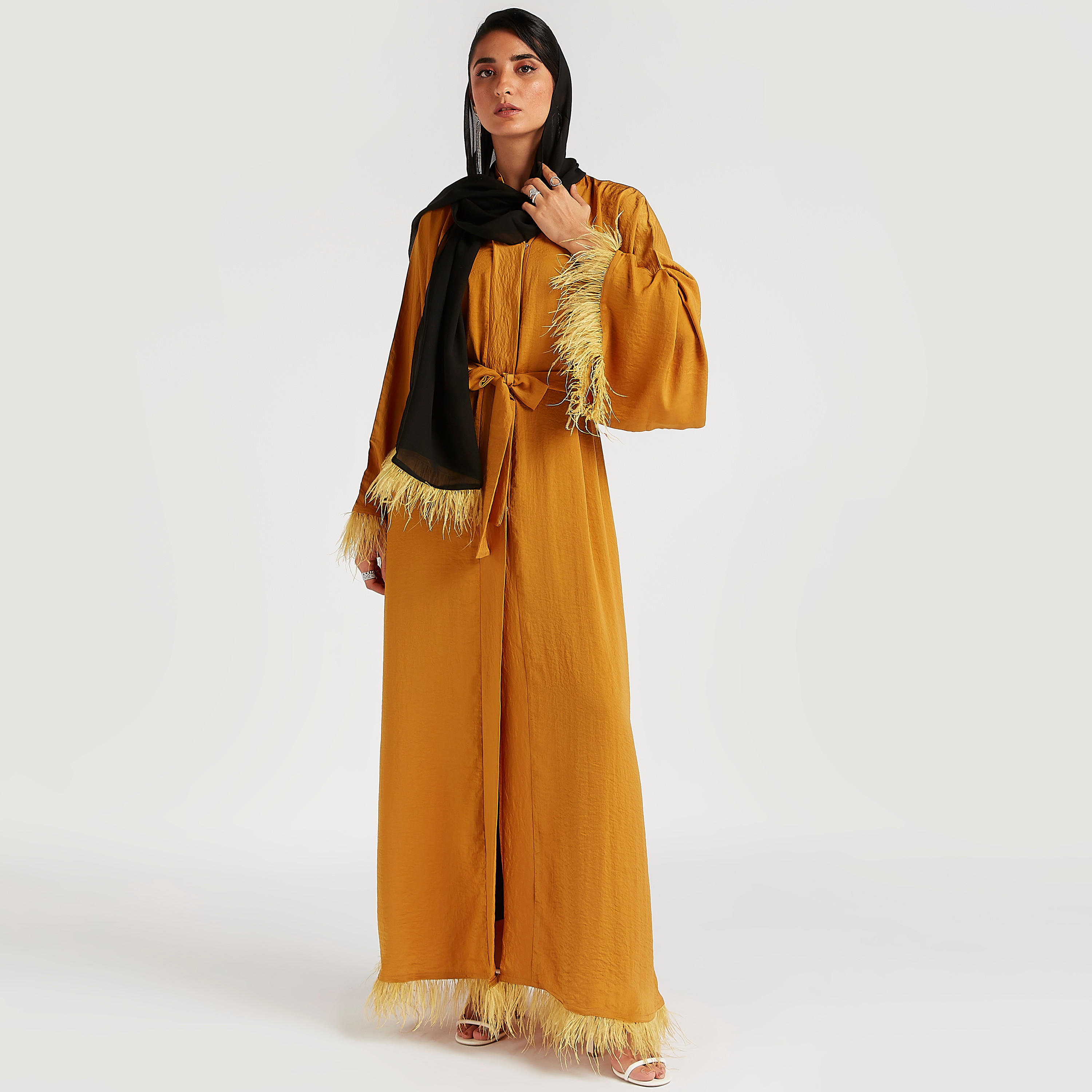 Solid V-neck Abaya with Long Sleeves and Fringes-women-arabicclothing-abayas-image-3