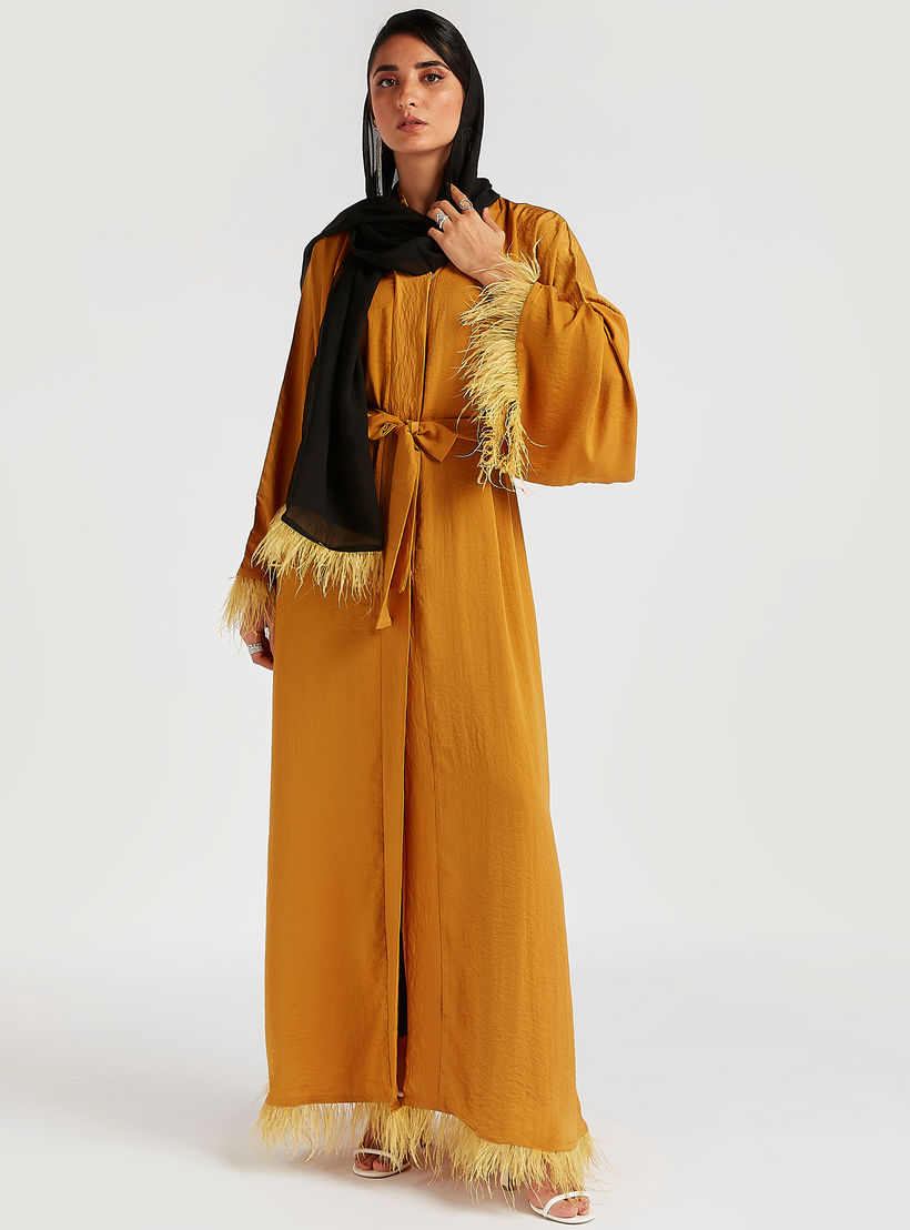 Solid V-neck Abaya with Long Sleeves and Fringes-women-arabicclothing-abayas-image-3