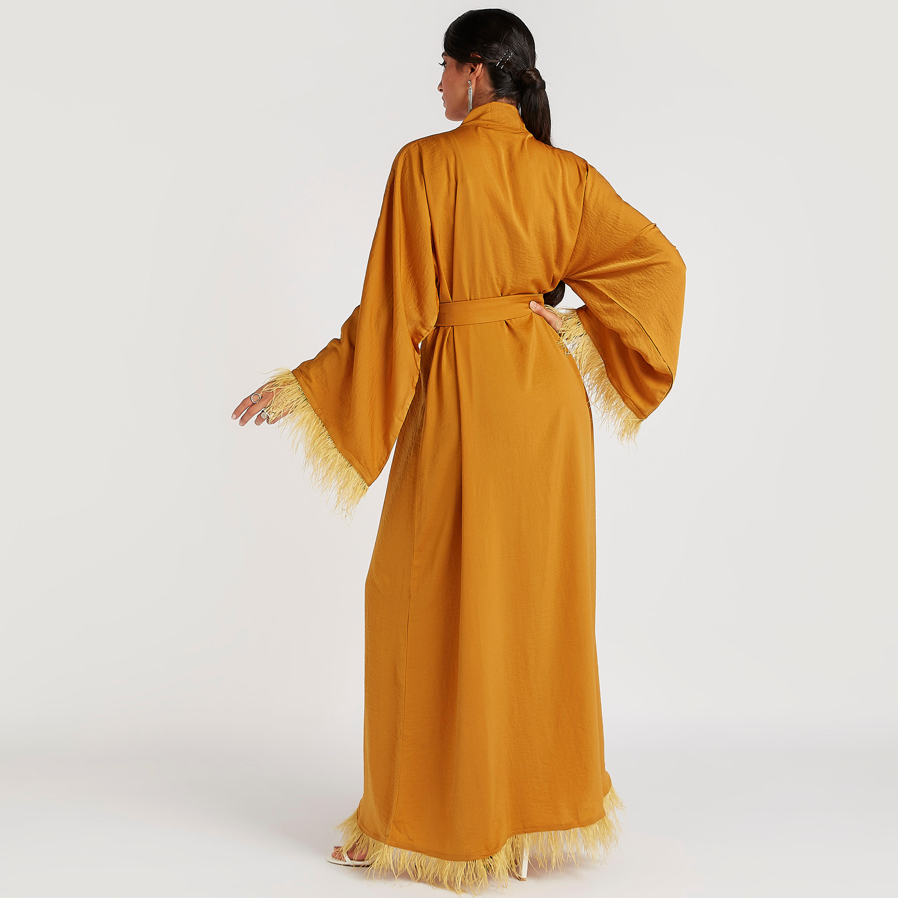 Solid V-neck Abaya with Long Sleeves and Fringes-women-arabicclothing-abayas-image-4
