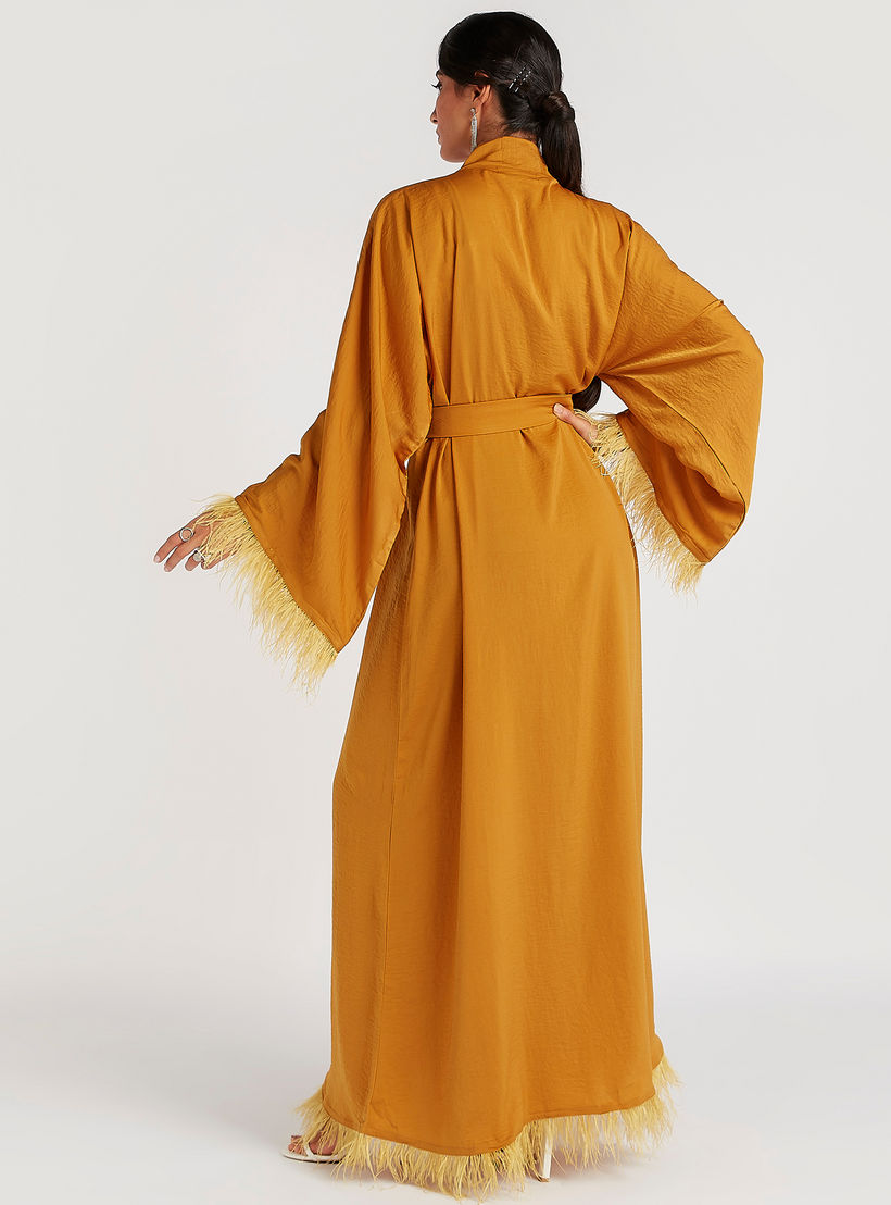 Solid V-neck Abaya with Long Sleeves and Fringes-women-arabicclothing-abayas-image-4
