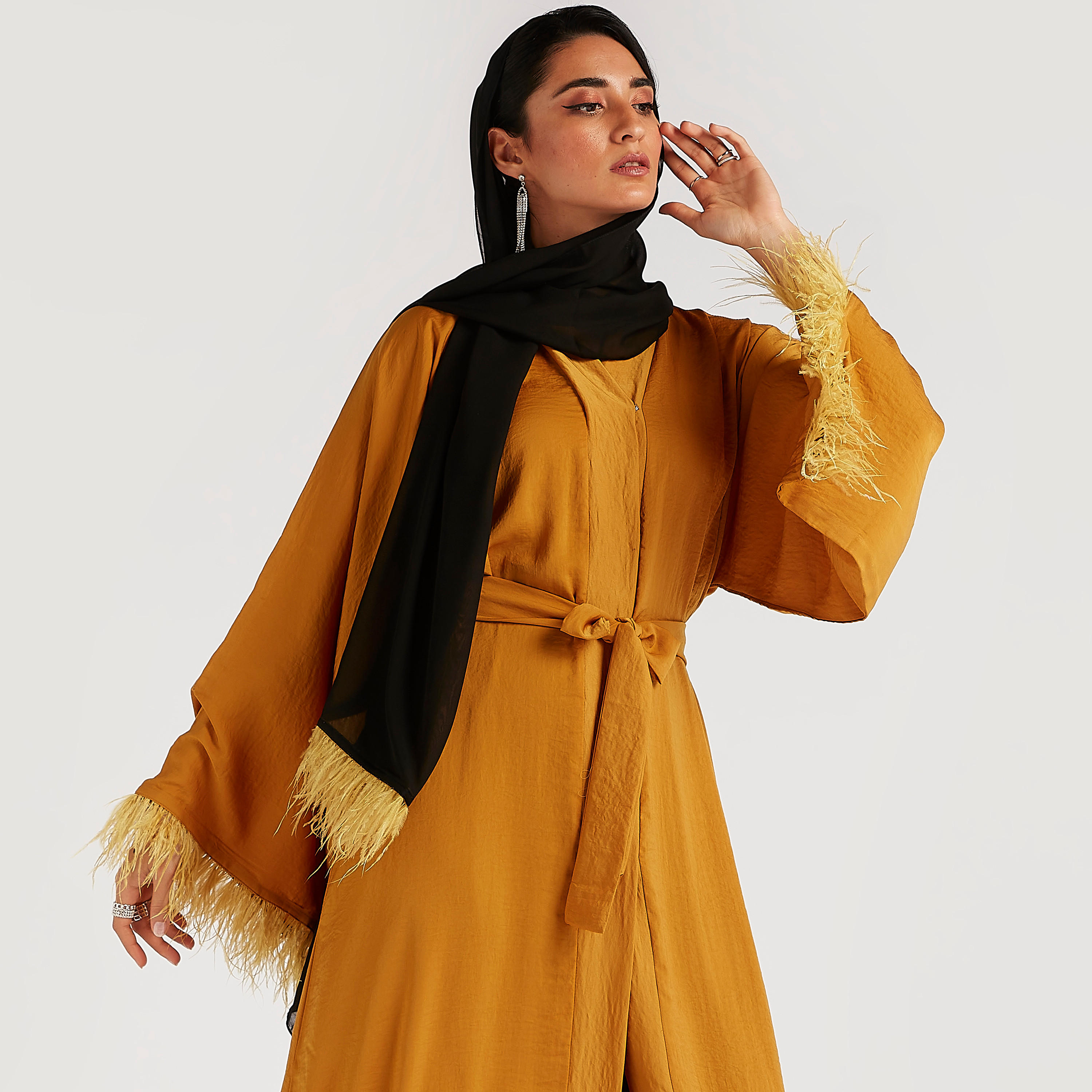 Solid V-neck Abaya with Long Sleeves and Fringes-women-arabicclothing-abayas-image-6