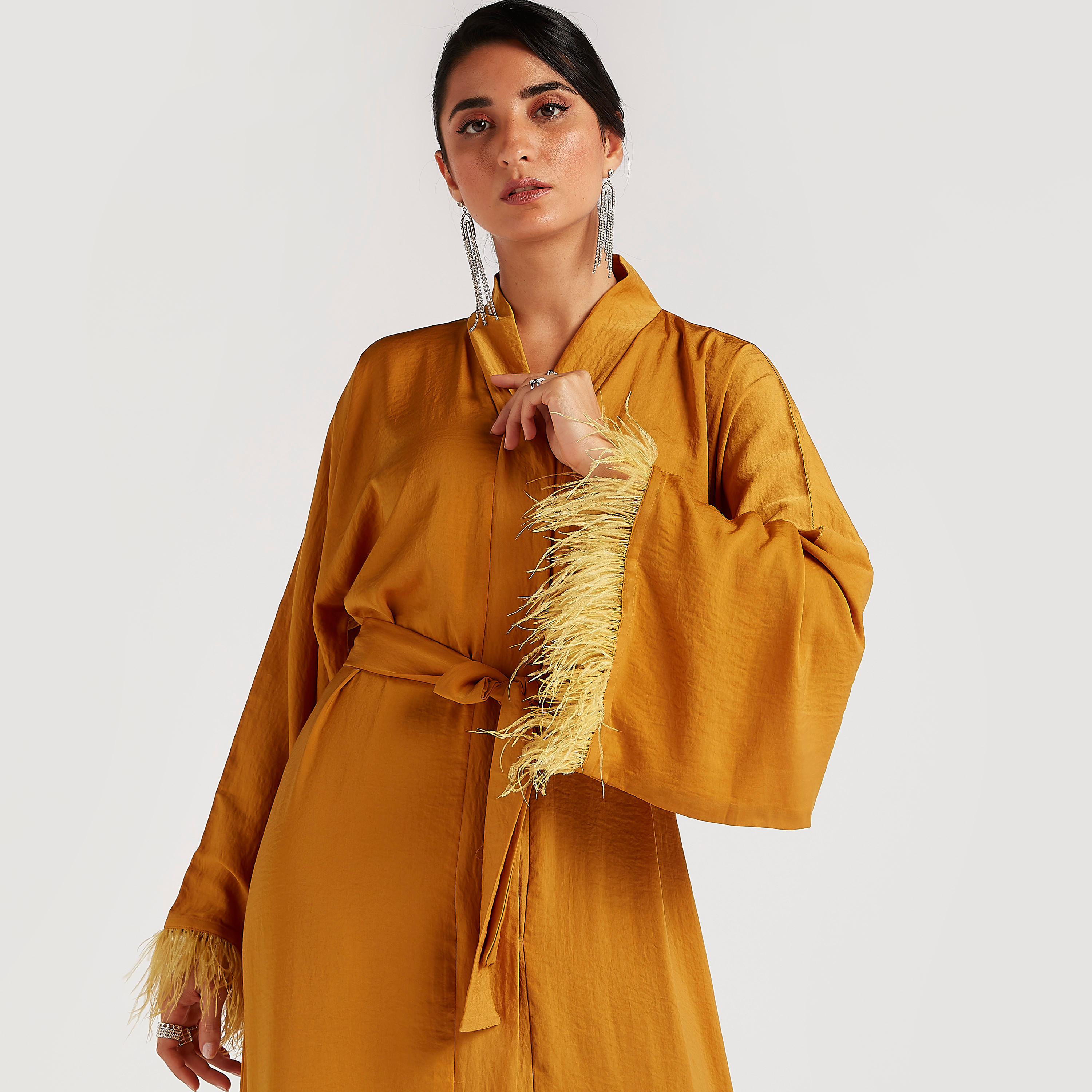 Solid V-neck Abaya with Long Sleeves and Fringes-women-arabicclothing-abayas-image-8