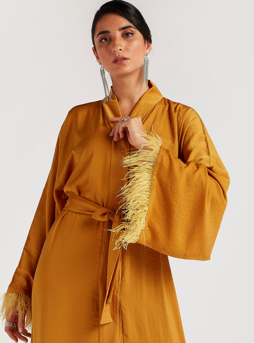 Solid V-neck Abaya with Long Sleeves and Fringes-women-arabicclothing-abayas-image-8