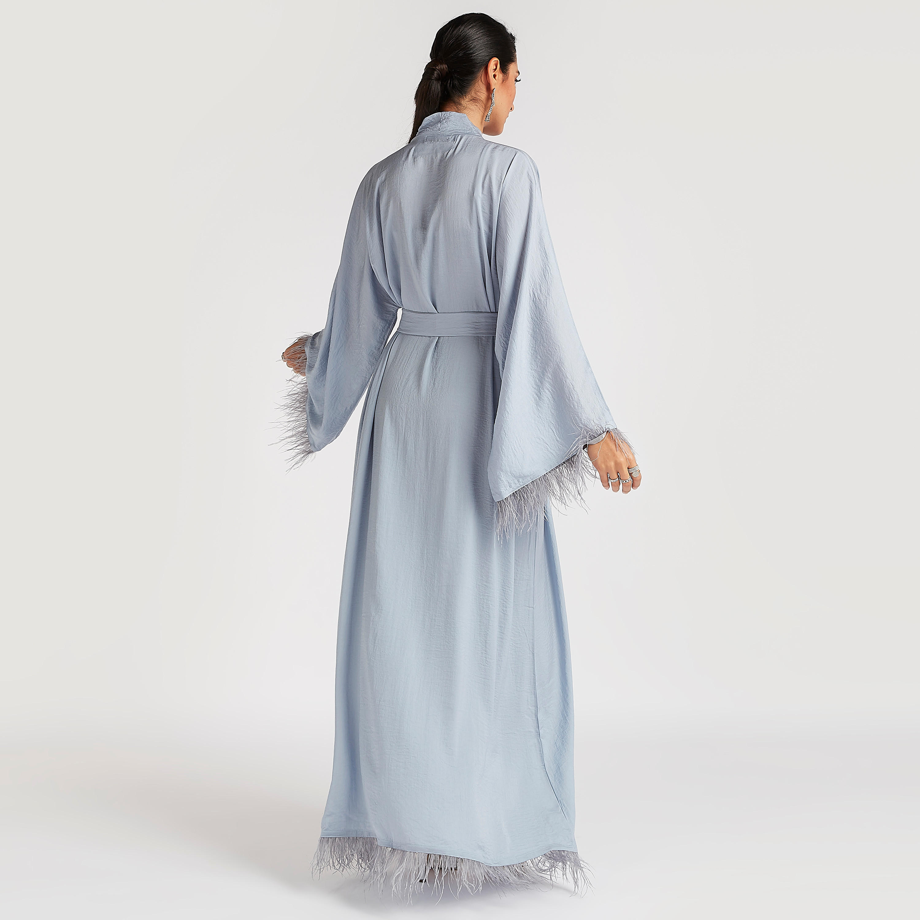 عباية إيه لاين بارزة الملمس بحزام رباط وتزيينات ريش من عبايات-women-arabicclothing-abayas-image-5
