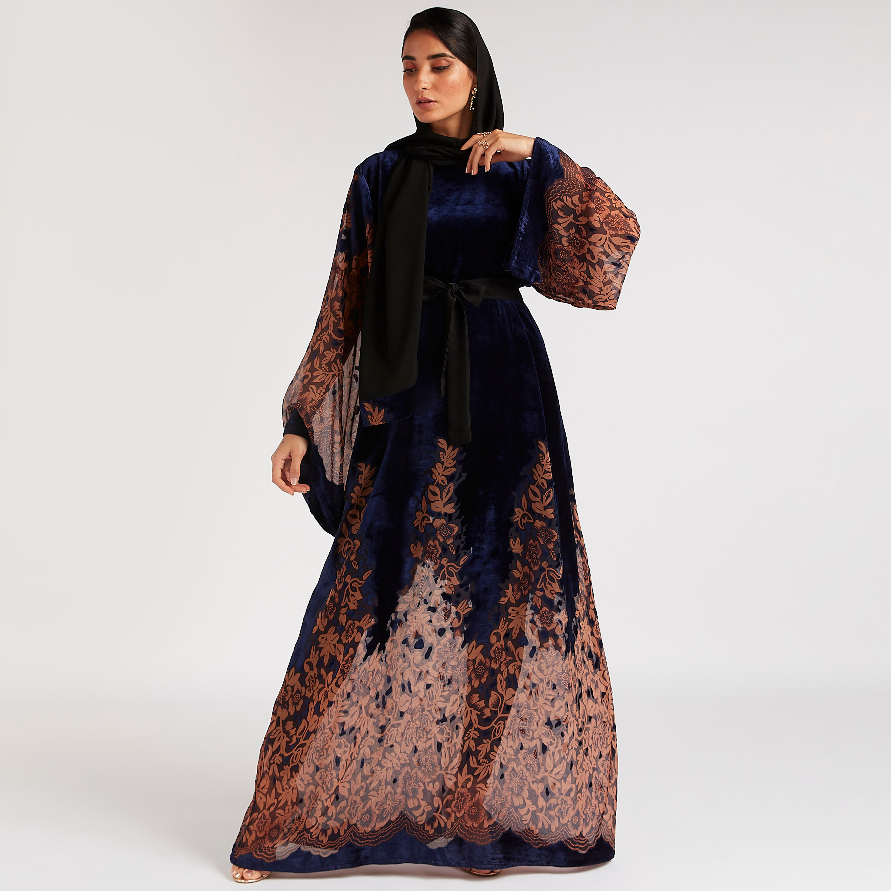 Abayas Printed A-line Abaya with Tie-Up Belt-women-arabicclothing-abayas-image-1