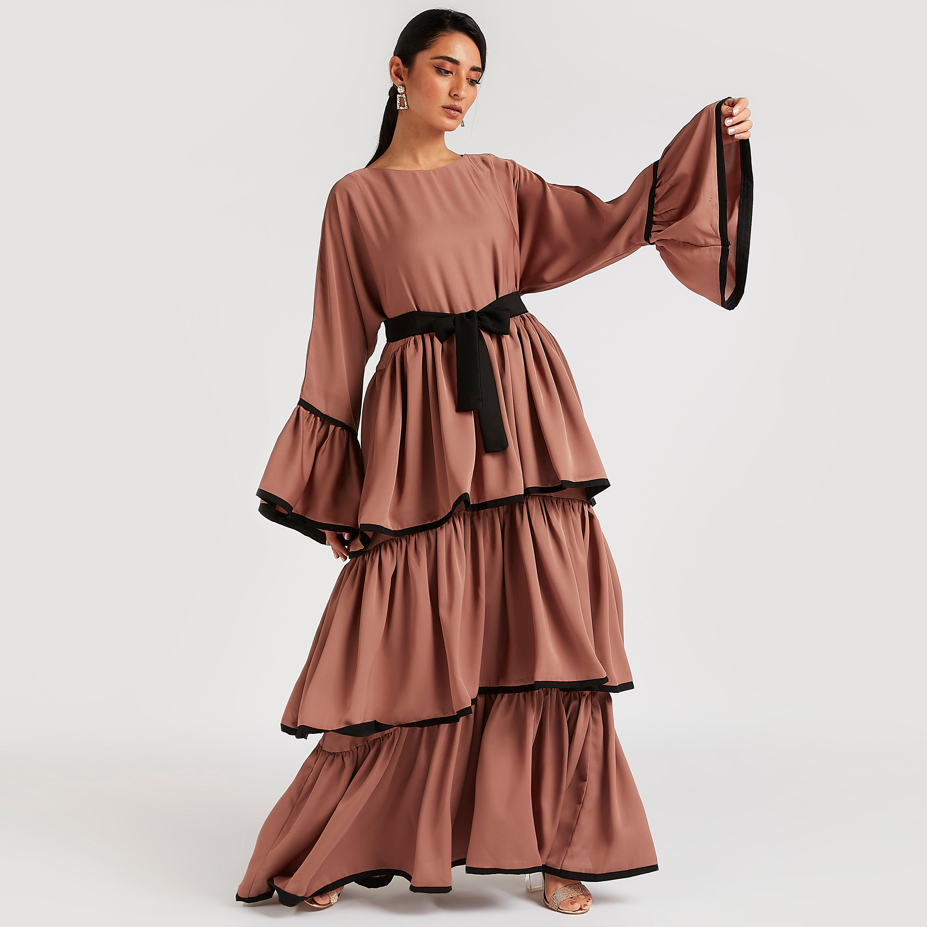 عباية إيه لاين متعدّدة الطبقات بحزام رباط متباين من عبايات-women-arabicclothing-abayas-image-8
