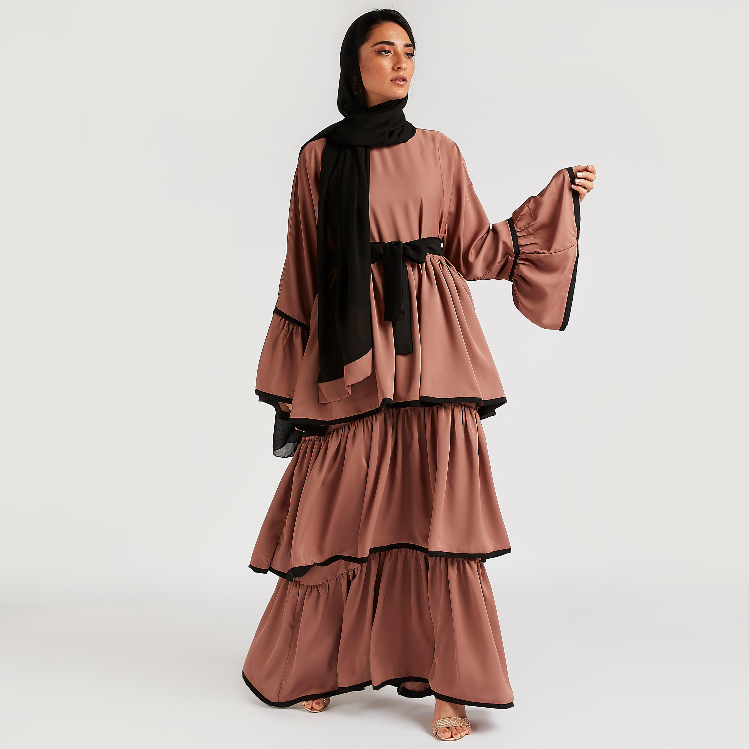 عباية إيه لاين متعدّدة الطبقات بحزام رباط متباين من عبايات-women-arabicclothing-abayas-image-5