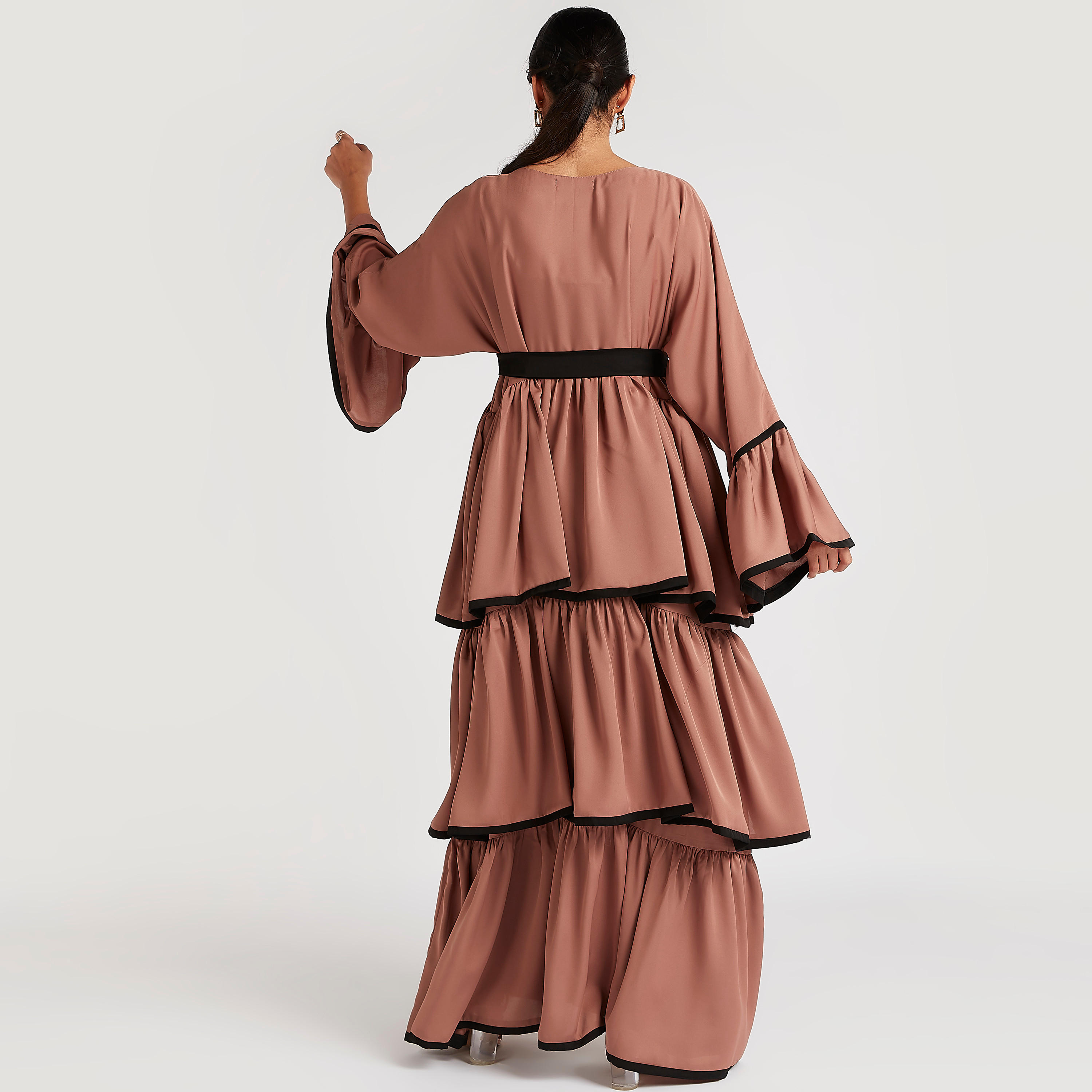عباية إيه لاين متعدّدة الطبقات بحزام رباط متباين من عبايات-women-arabicclothing-abayas-image-4