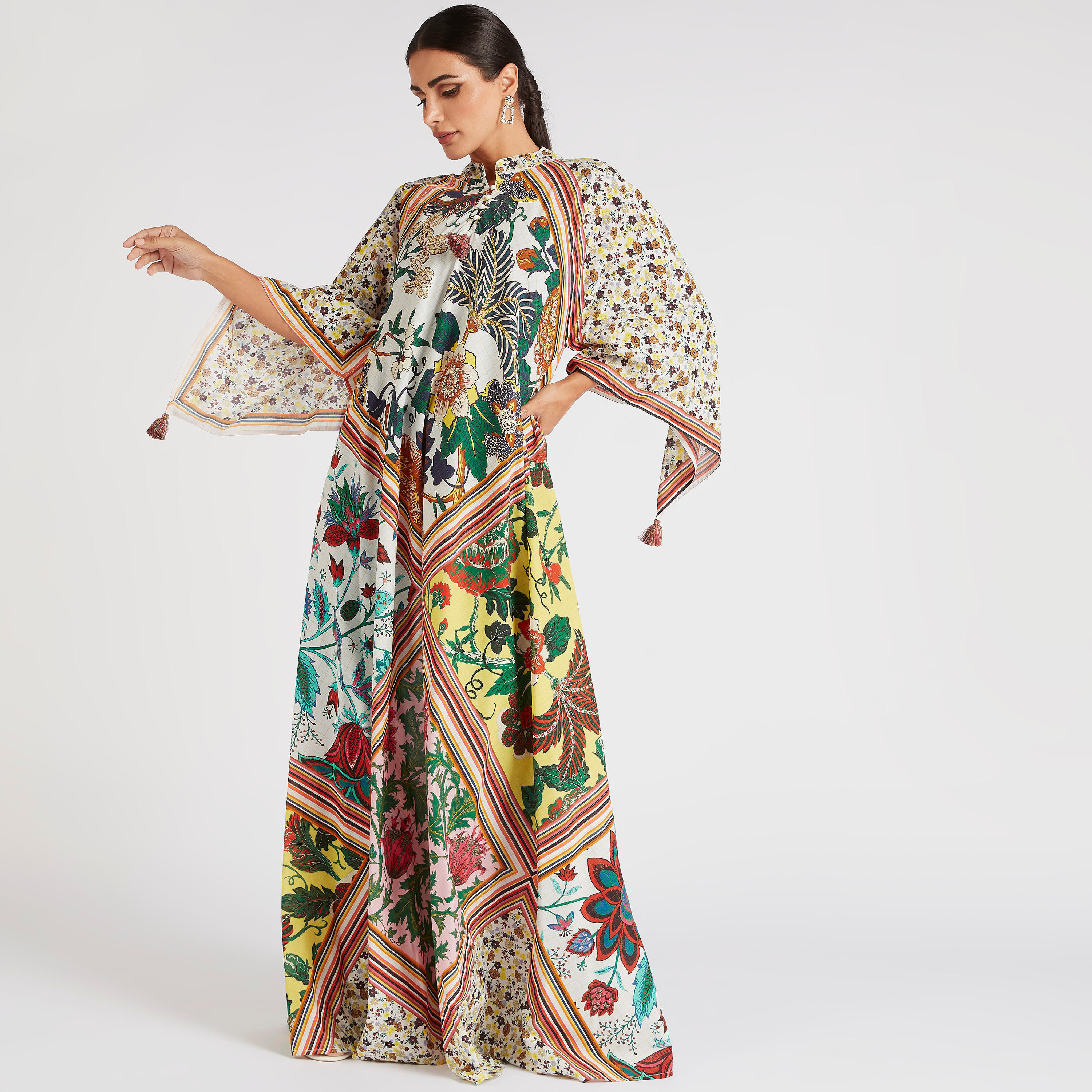 Abayas Floral Print A-line Jalabiya with Mandarin Collar-women-arabicclothing-abayas-image-1