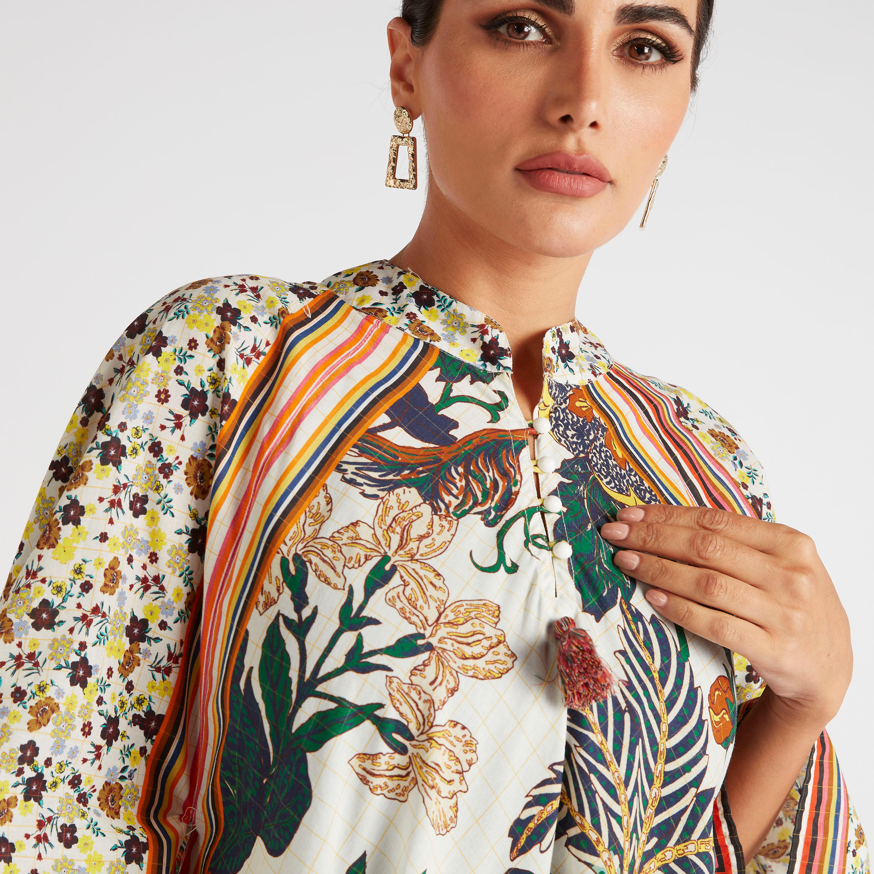 Abayas Floral Print A-line Jalabiya with Mandarin Collar-women-arabicclothing-abayas-image-3