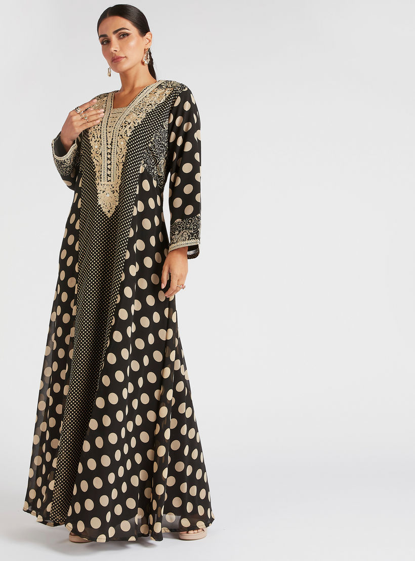 جلابية بطبعة منقطّة بطية صدر مطرزة وأزرار-women-arabicclothing-abayas-image-2