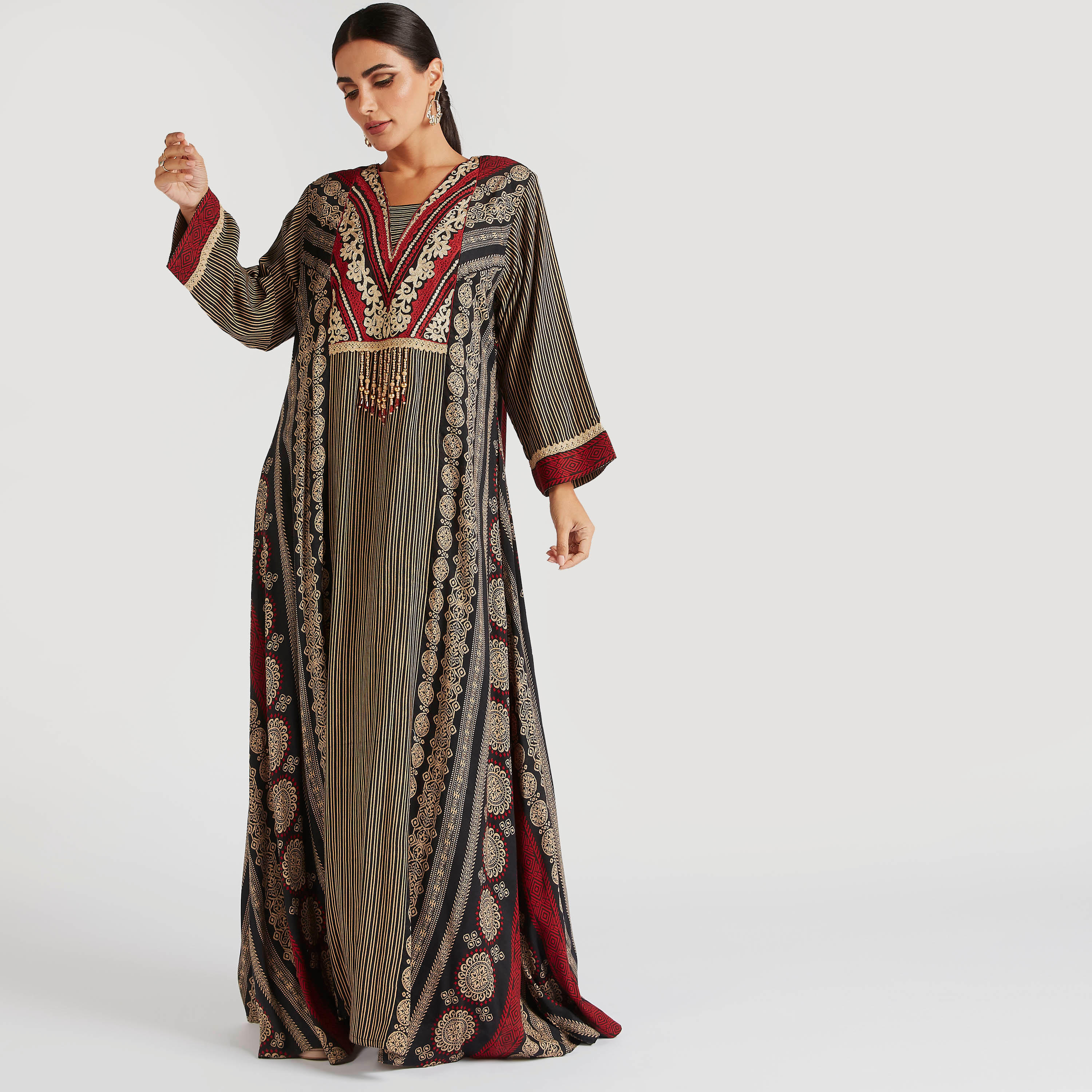 Abayas Embroidered Jalabiya with V-neck and Beaded Tassel Accent-women-arabicclothing-abayas-image-1