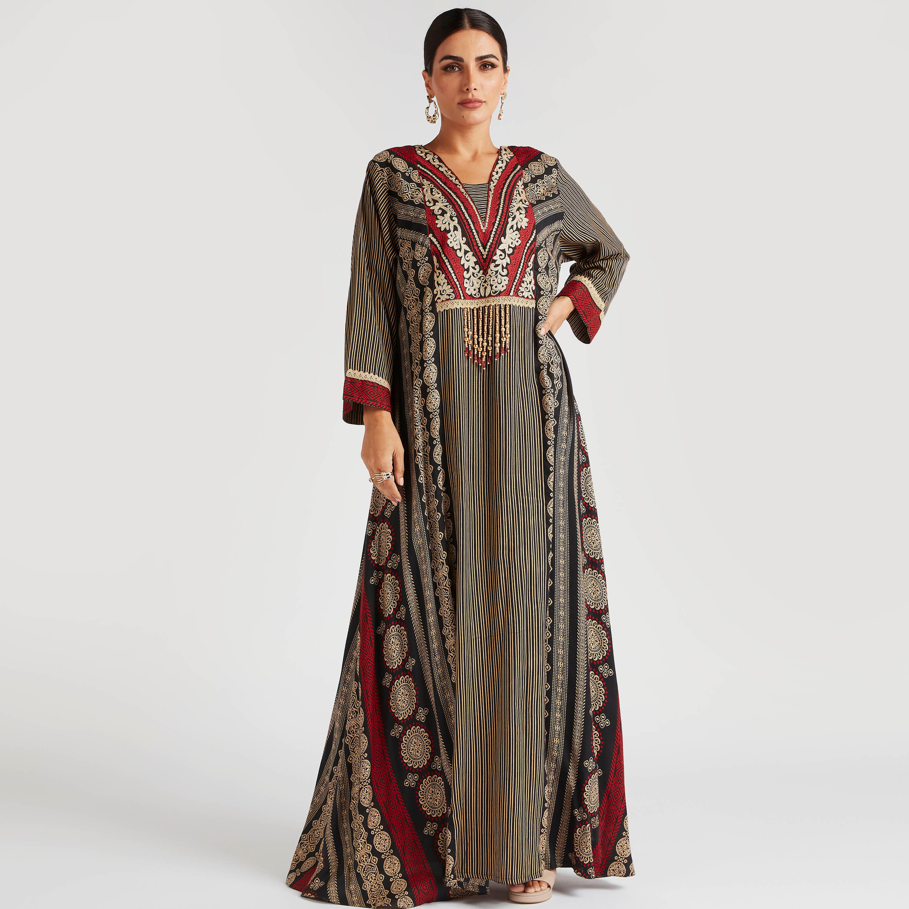 Abayas Embroidered Jalabiya with V-neck and Beaded Tassel Accent-women-arabicclothing-abayas-image-2