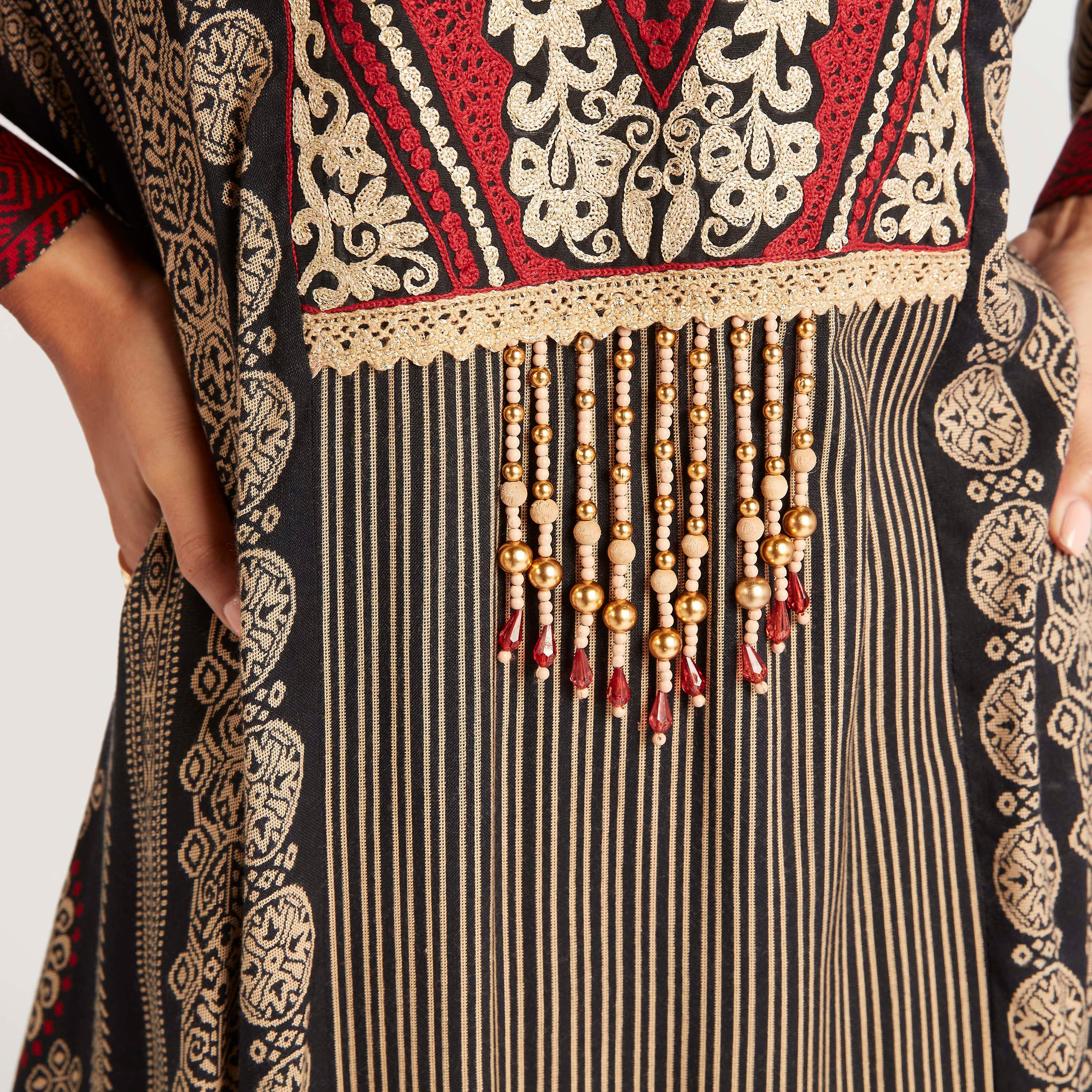 Abayas Embroidered Jalabiya with V-neck and Beaded Tassel Accent-women-arabicclothing-abayas-image-3