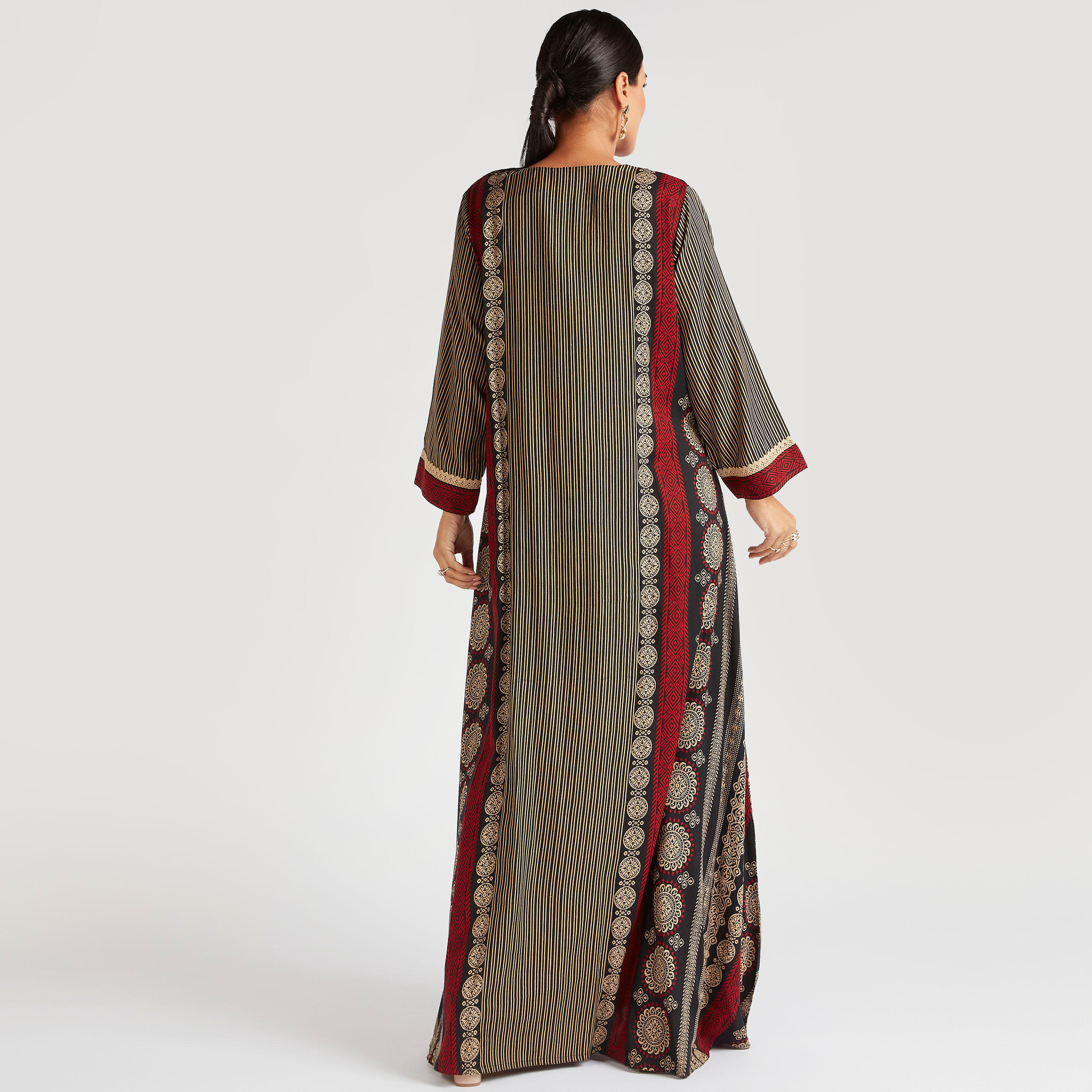 Abayas Embroidered Jalabiya with V-neck and Beaded Tassel Accent-women-arabicclothing-abayas-image-4