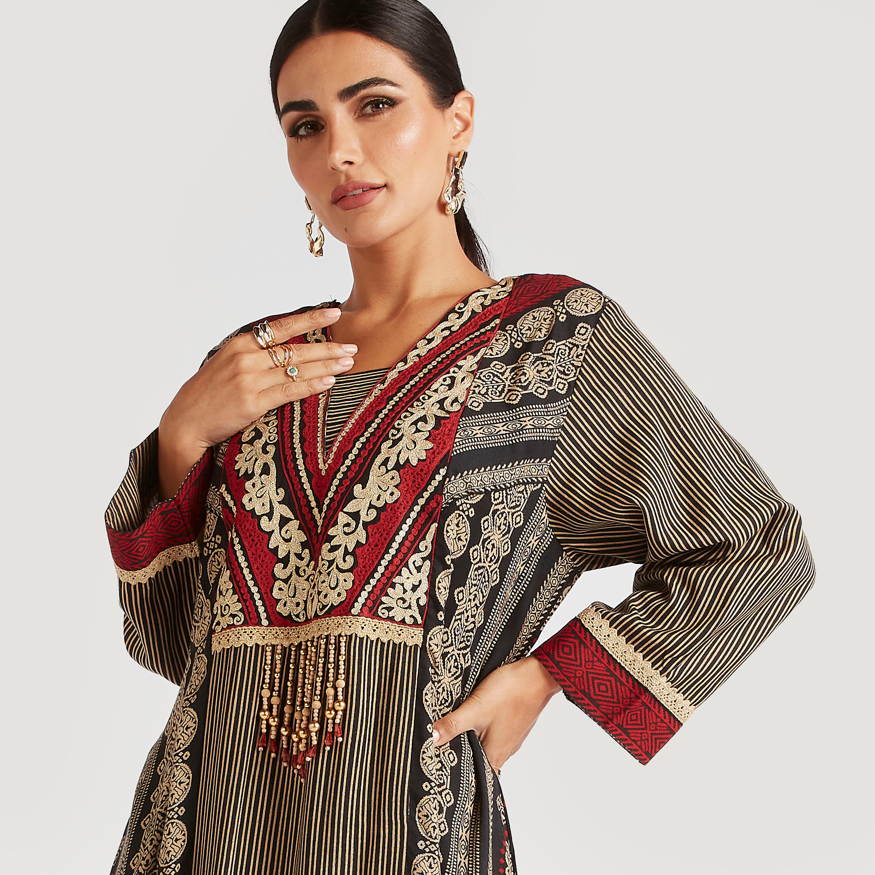 Abayas Embroidered Jalabiya with V-neck and Beaded Tassel Accent-women-arabicclothing-abayas-image-5