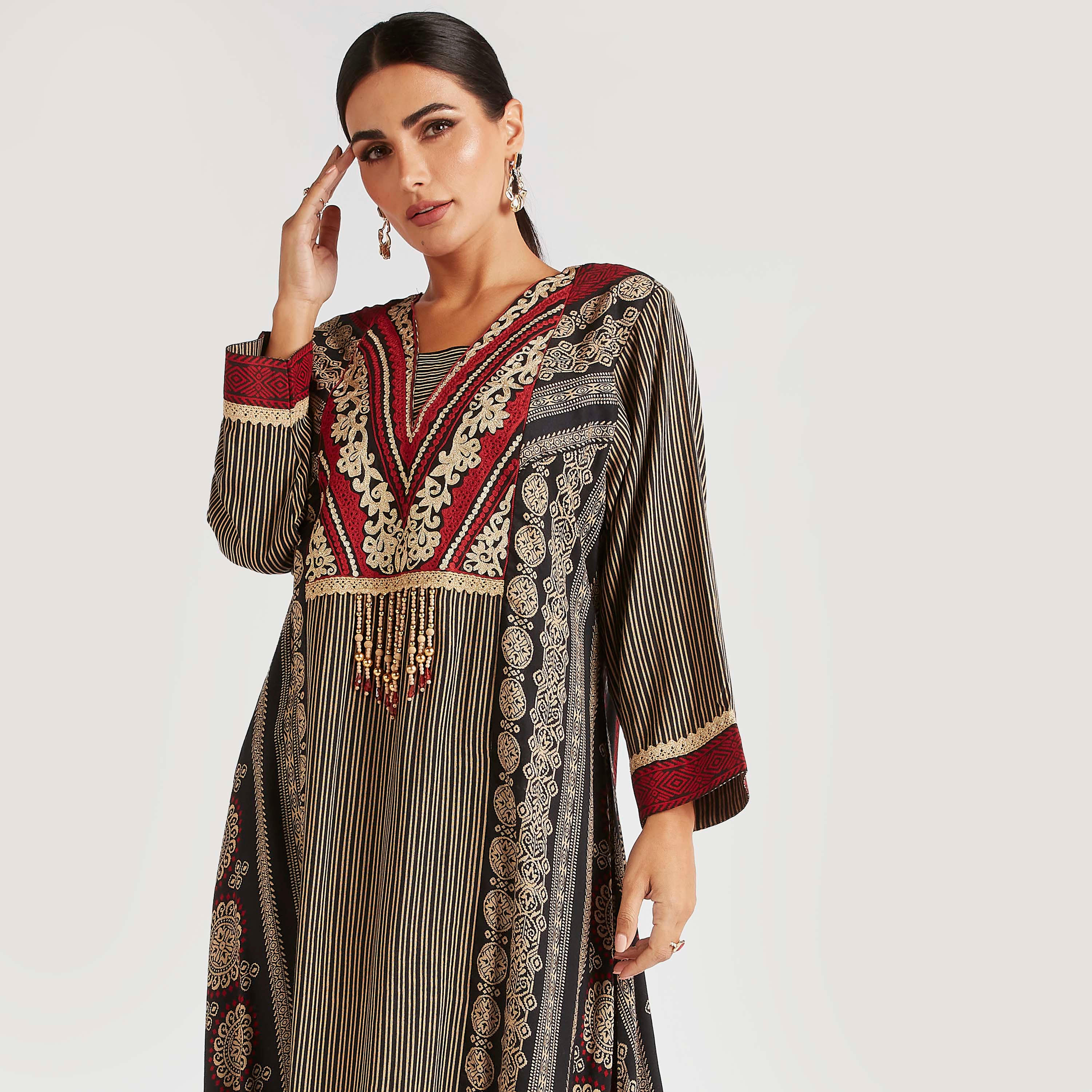 Abayas Embroidered Jalabiya with V-neck and Beaded Tassel Accent-women-arabicclothing-abayas-image-6