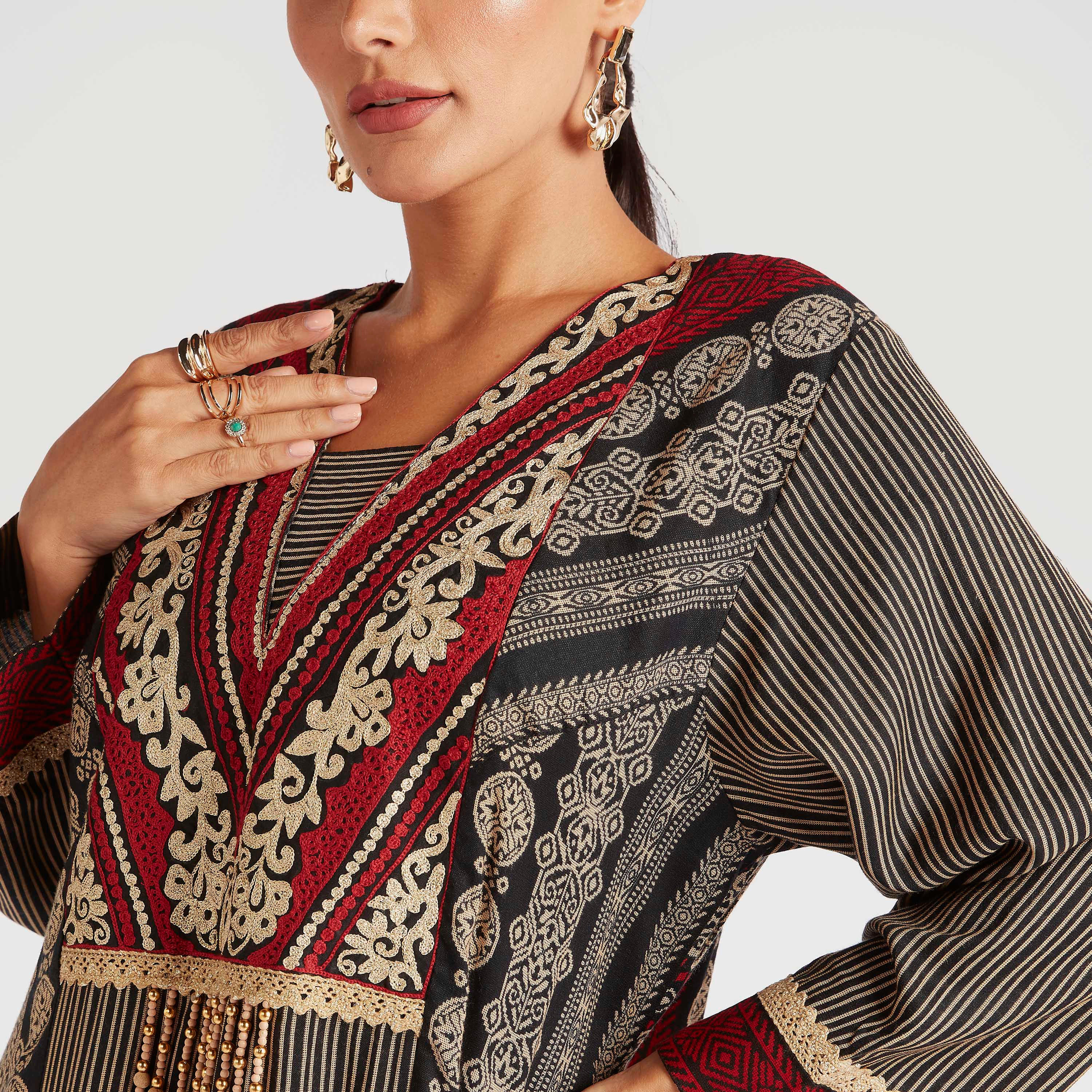 Abayas Embroidered Jalabiya with V-neck and Beaded Tassel Accent-women-arabicclothing-abayas-image-8