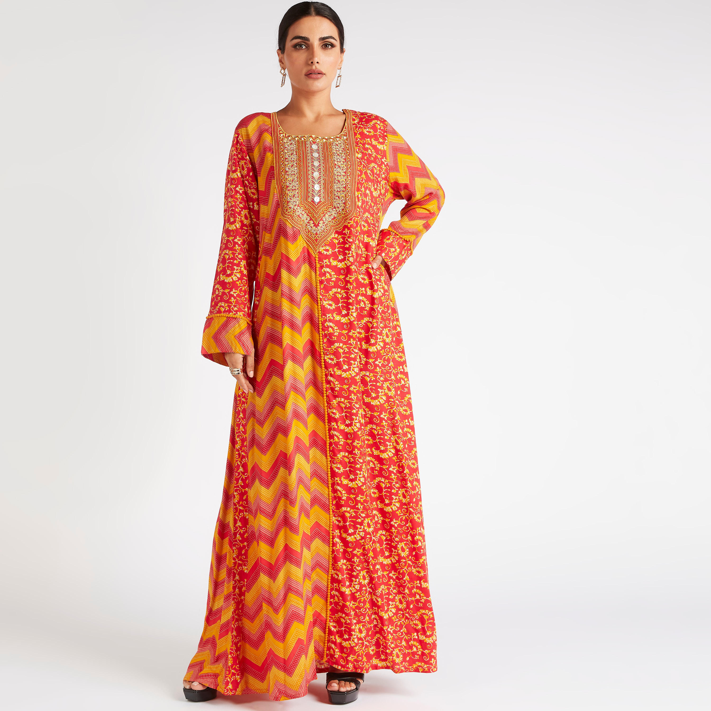Abayas Printed Jalabiya with Square Neck and Embroidery Detail-women-arabicclothing-abayas-image-1