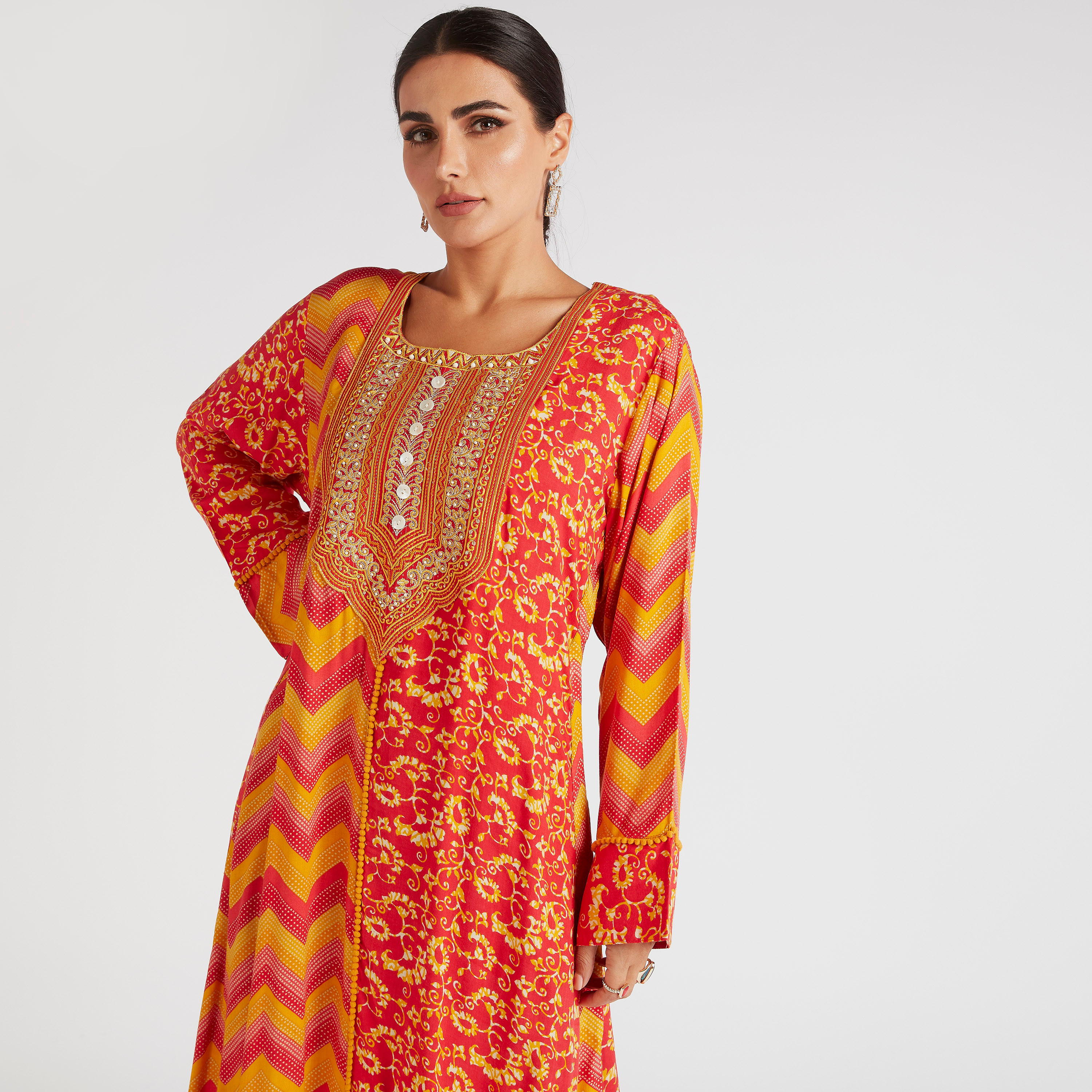 Abayas Printed Jalabiya with Square Neck and Embroidery Detail-women-arabicclothing-abayas-image-2