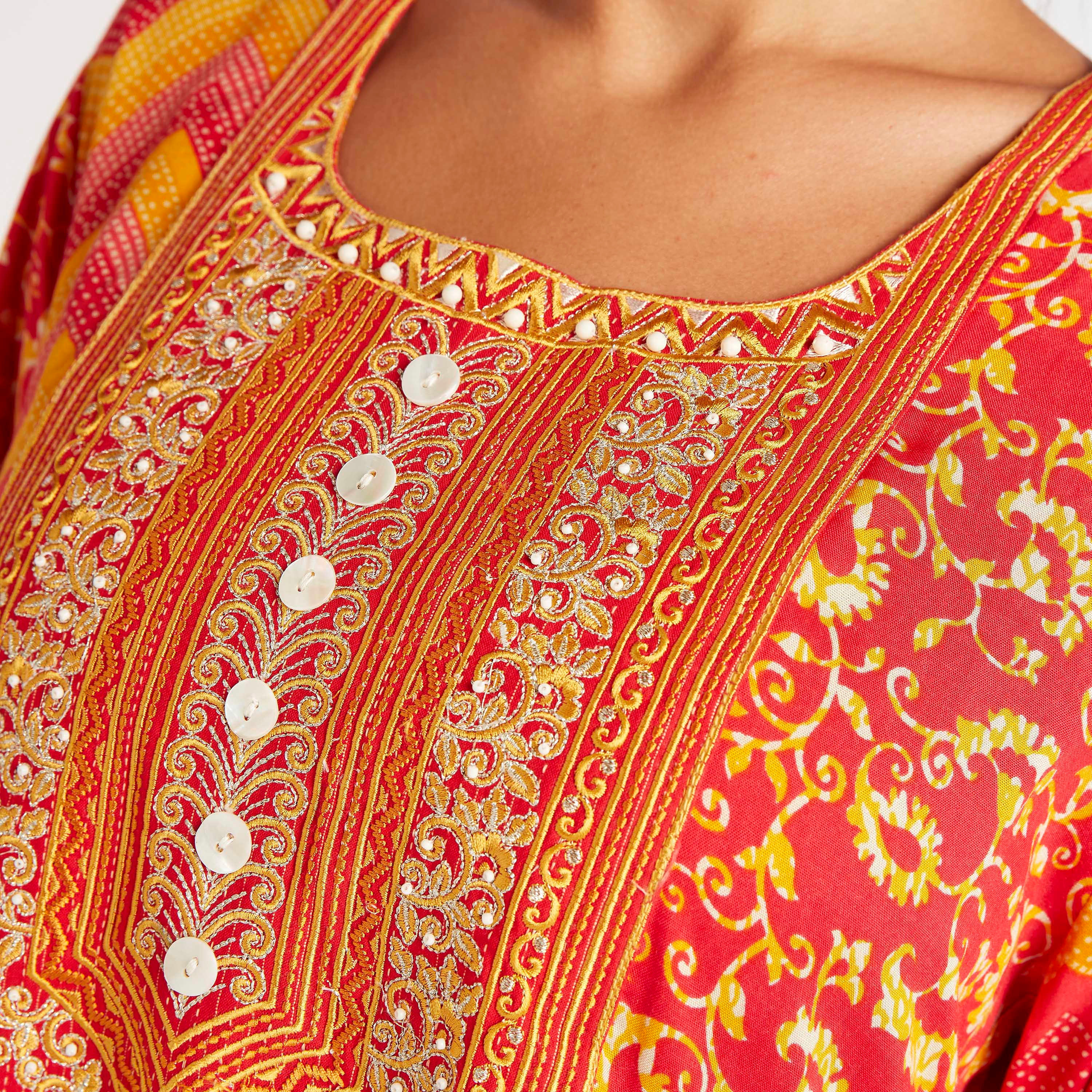 Abayas Printed Jalabiya with Square Neck and Embroidery Detail-women-arabicclothing-abayas-image-3