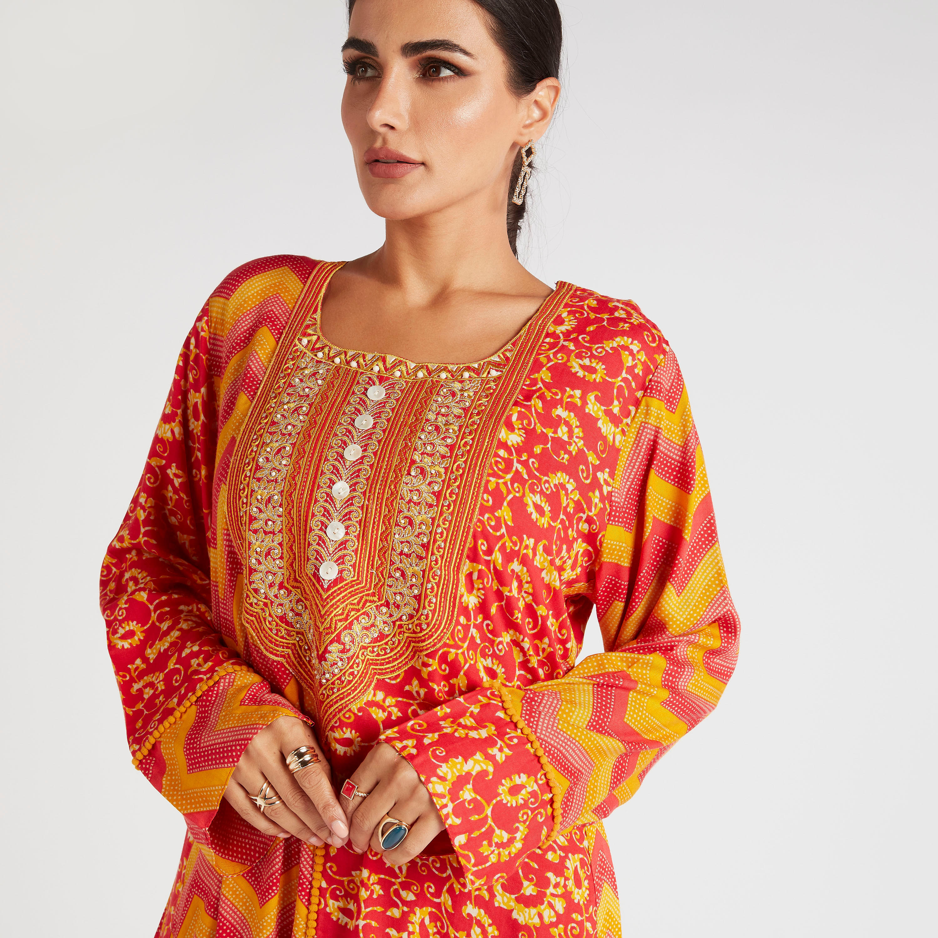 Abayas Printed Jalabiya with Square Neck and Embroidery Detail-women-arabicclothing-abayas-image-5