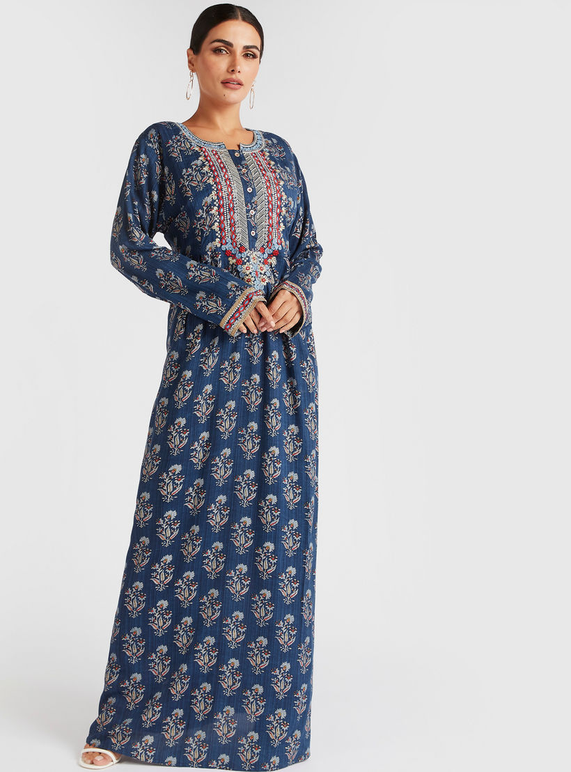 بلوزة بطبعات أزهار وياقة مطرزة بأكمام طويلة-women-arabicclothing-abayas-image-1