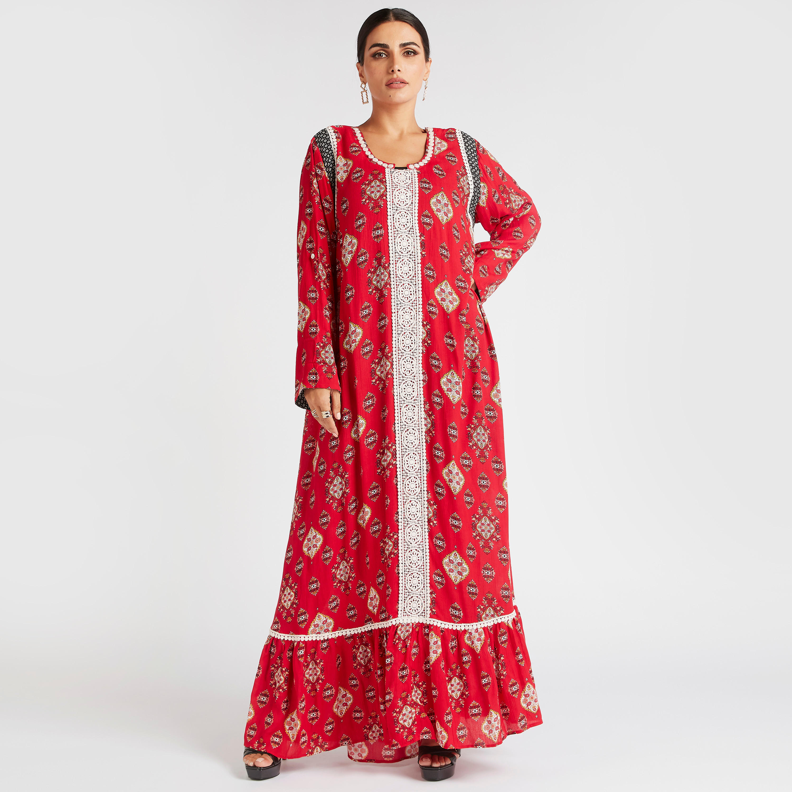 جلابية بنقشات زهوز وأطراف مكشكشة-women-arabicclothing-abayas-image-1