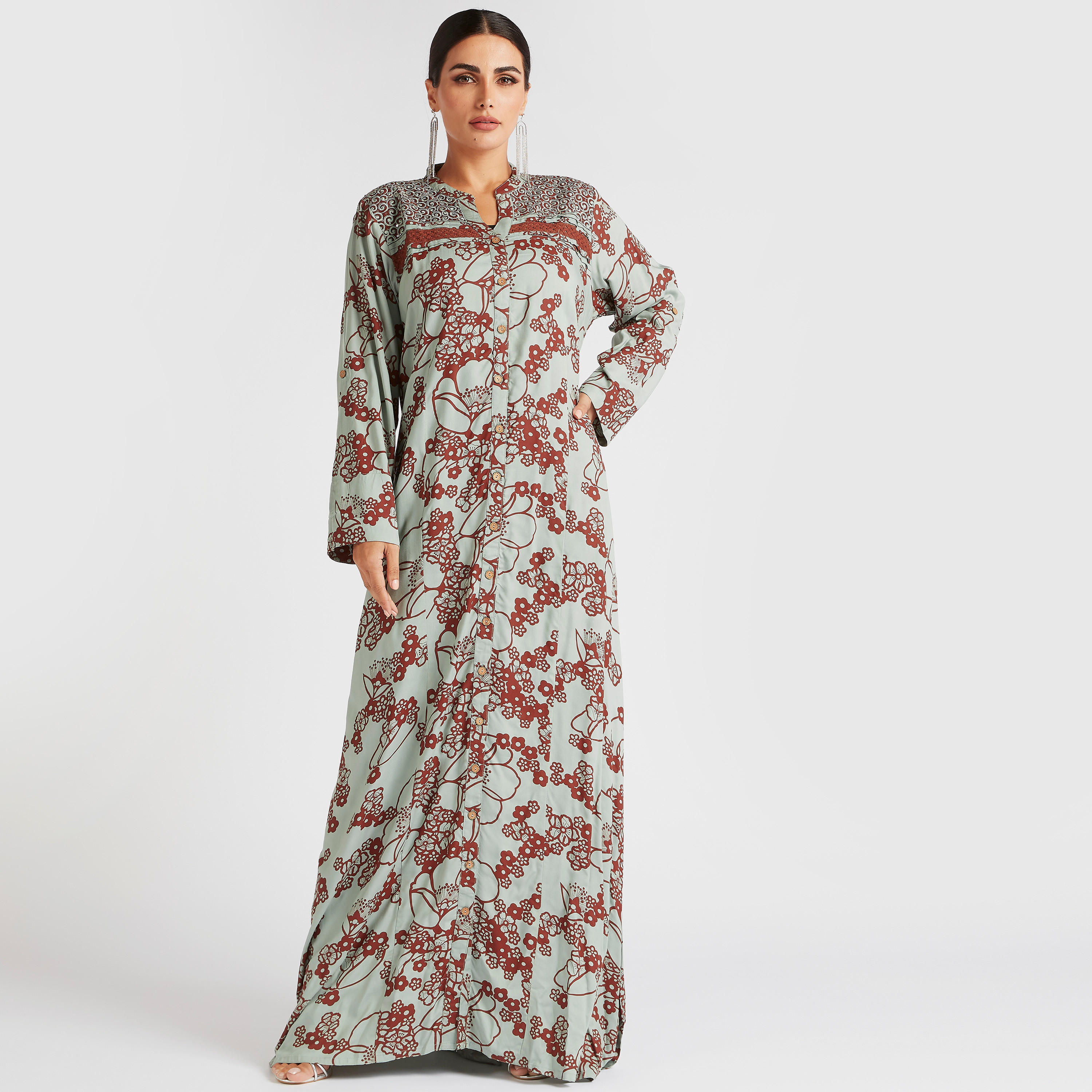 جلابية مطرزة بالزهور وطبعات أزهار-women-arabicclothing-abayas-image-1