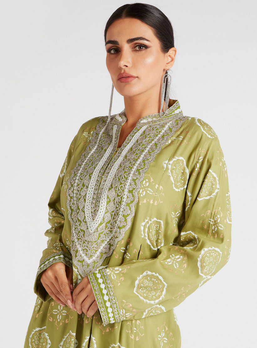جلابية منقوشة بياقة مطرزة-women-arabicclothing-abayas-image-1