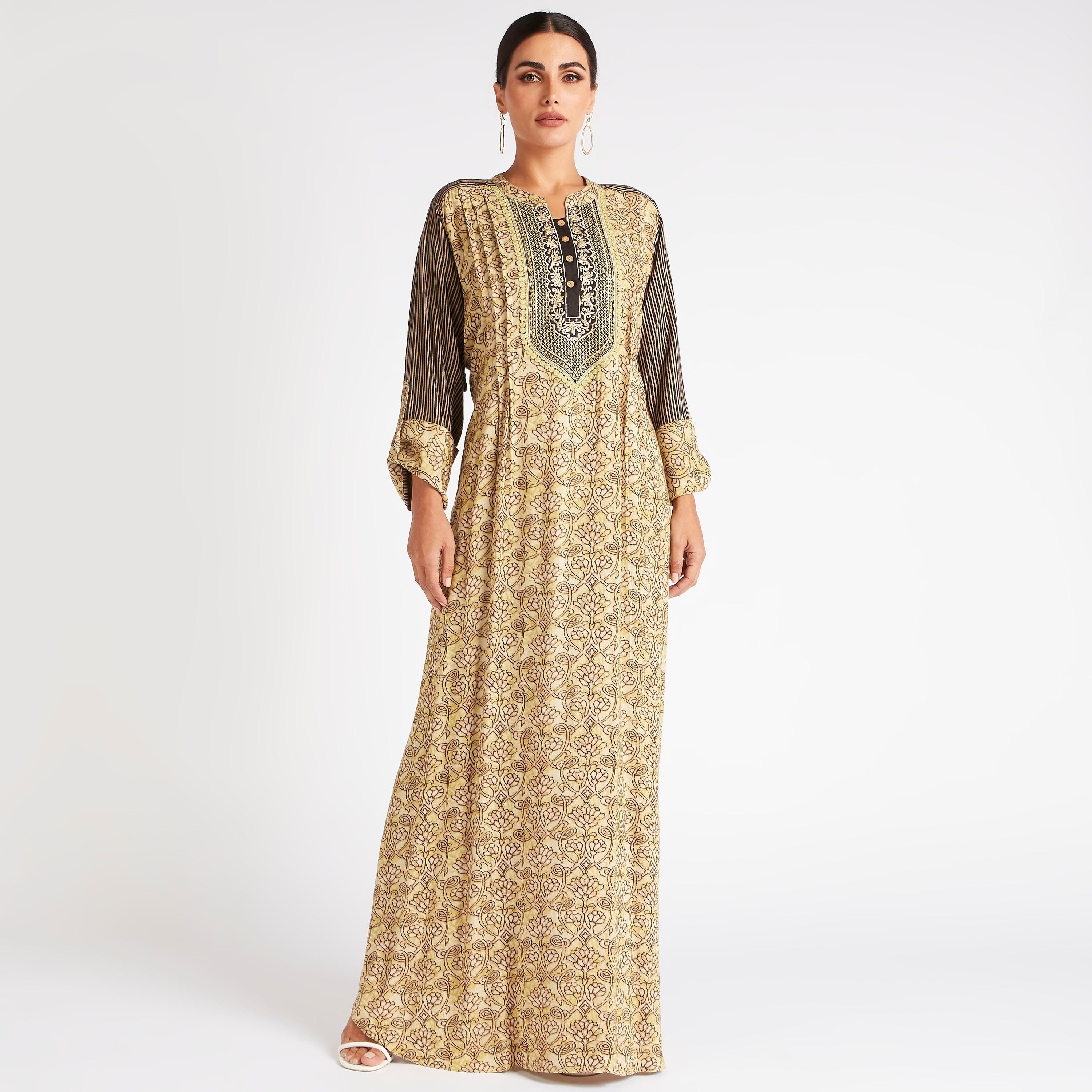 جلابية بطبعات أزهار وأكمام مخططة ياقة مطرزة-women-arabicclothing-abayas-image-1
