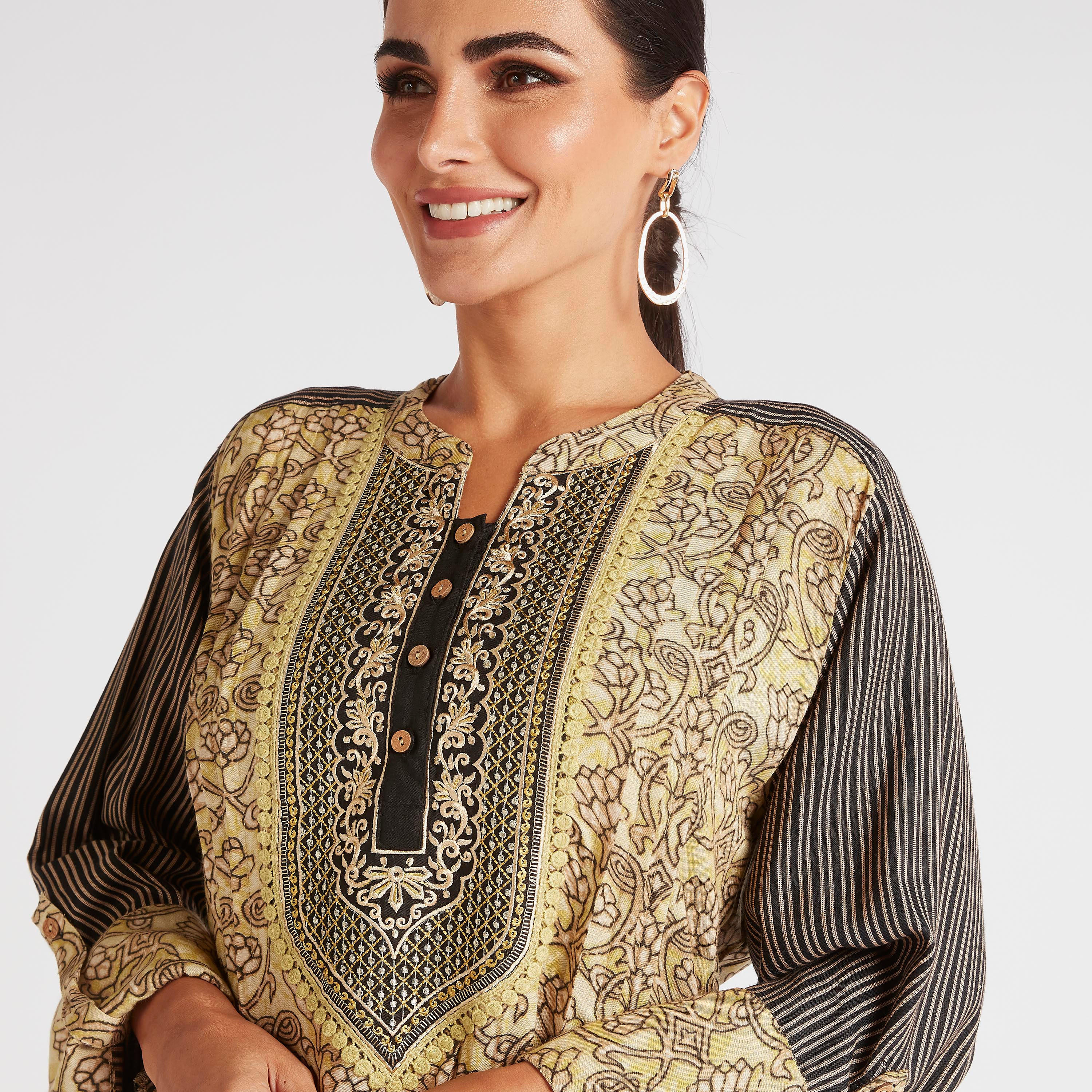 جلابية بطبعات أزهار وأكمام مخططة ياقة مطرزة-women-arabicclothing-abayas-image-5