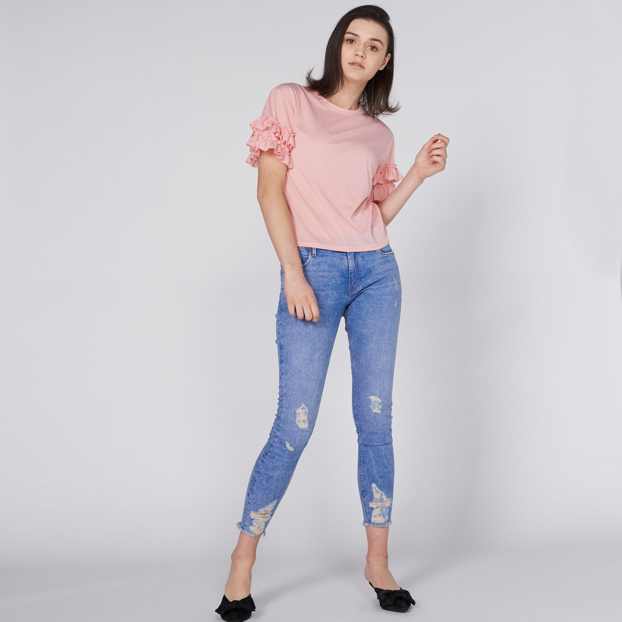 Knit Round Neck Top with Layered Ruffles on Sleeves-women-clothing-shirtsandblouses-blouses-image-1