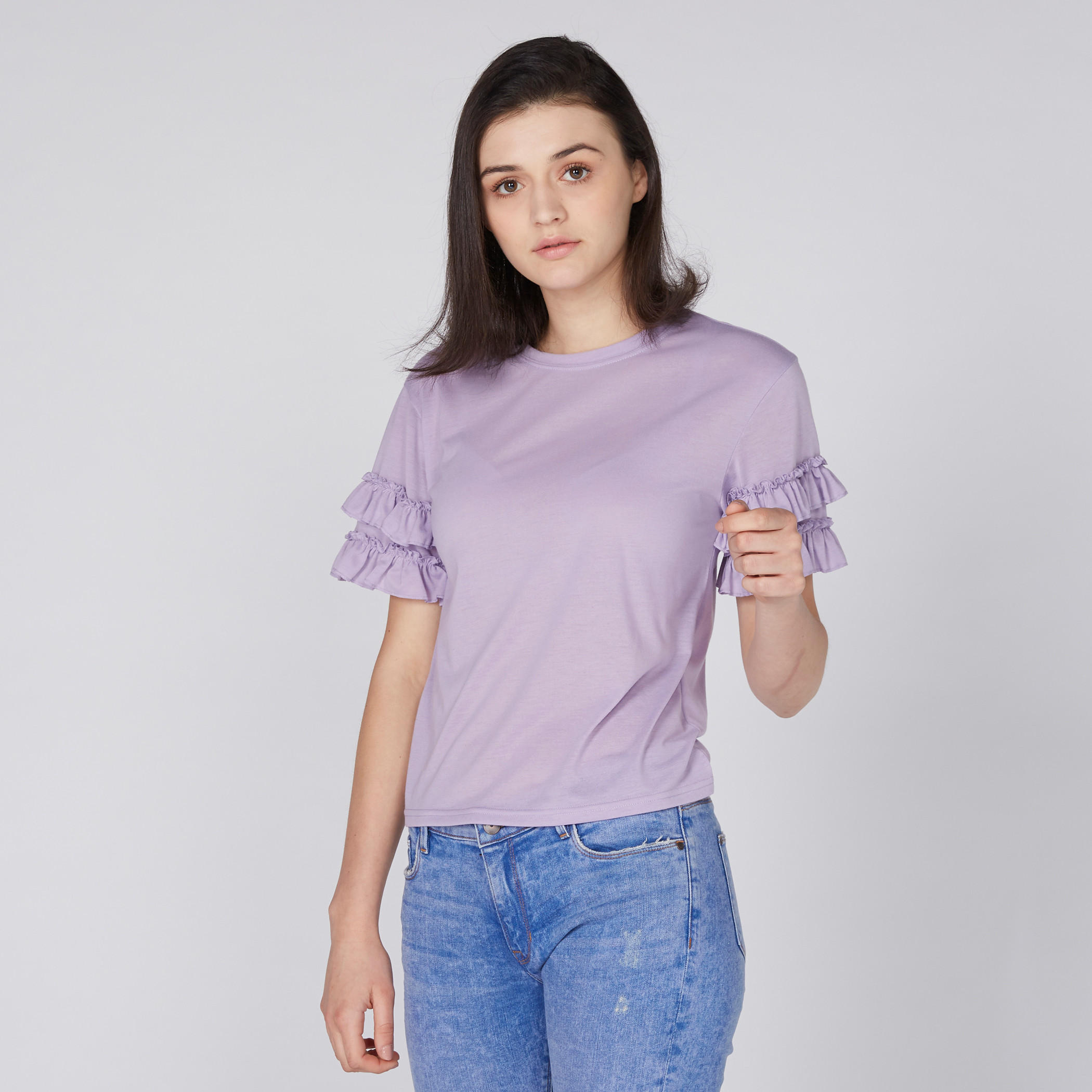 بلوزة محبوكة بياقة مستديرة وأكمام كشكش متعددة الطبقات-women-clothing-shirtsandblouses-blouses-image-3